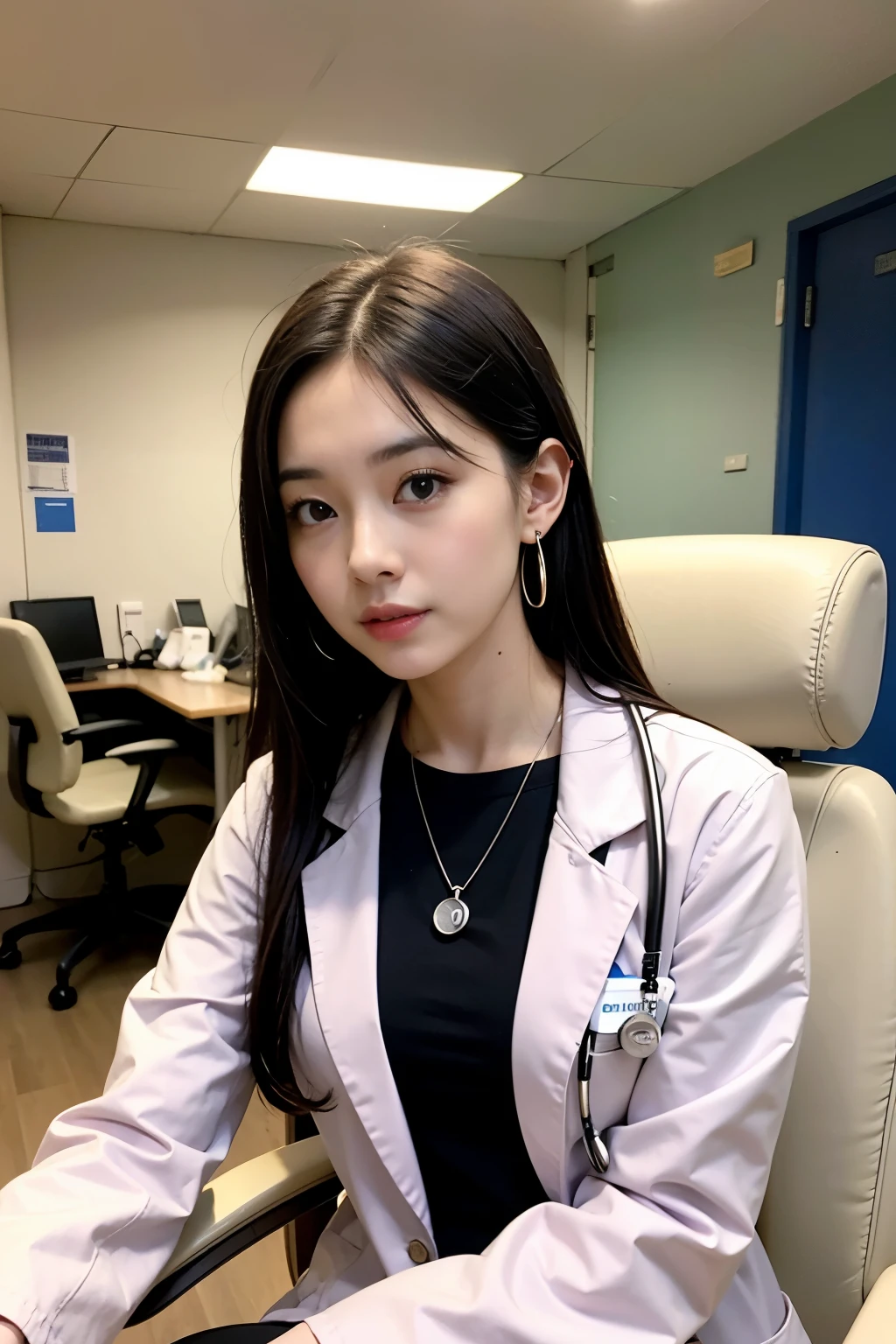 highest quality, ultra high resolution, (realistic:1.4), 1 girl,Doctor in a white coat, Stethoscope，long black hair、small shiny necklace and earrings，(big breasts)，clinical trial，Examination room，Electronic Medical Records，sitting in a chair，Medicine bottles、serious look，persuade