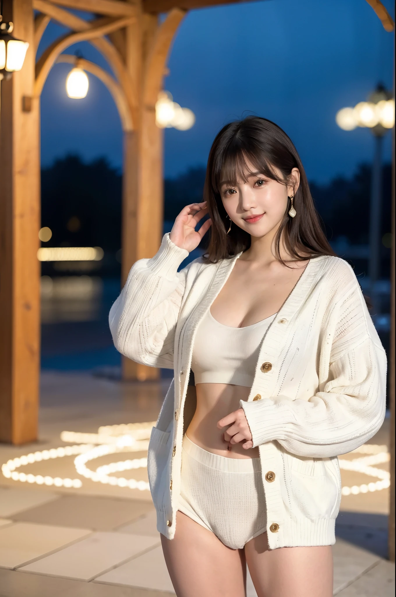 ulzzang-6500-v1.1, (RAW photo:1.2), (Photoreal), beautiful detailed girl, (genuine: 1.4), very detailed目と顔, beautiful and fine eyes, ((Beautiful illumination plaza at night:1.5)), (( Soft sweater in pastel colors:1.3, super realistic pantyhose:1.2))、Self snap、Instagram、game_nffsw, huge file size, High resolution, very detailed, highest quality, [masterpiece:1.6], enlightenment, very detailed, nffsw, finely, highest quality, 8k wallpaper, movie lighting, 1 girl, , perfect body shape, cute droopy eyes beautiful big eyes、 ((muste piece)), highest quality, 1 girl, eye shadow,  portrait, ((full body shot:1.2))、(very affectionate smile:1.2)、realistic skin texture、shiny skin、exposed thighs!!!