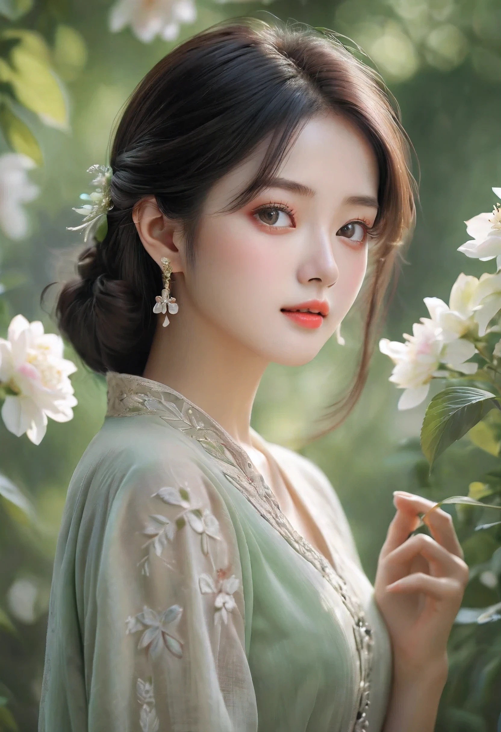 (best quality,4k,8k,highres,masterpiece:1.2),ultra-detailed,(realistic,photorealistic,photo-realistic:1.37),rosy zhao,beautiful detailed eyes,beautiful detailed lips,extremely detailed eyes and face,longeyelashes,one girl,fashionable stylish attire,confident expression,natural light,dreamy atmosphere,soft pastel colors,sumptuous garden background,lush green foliage,colourful flowers blooming,light streaming through the trees,peaceful and serene mood,subtle hints of sunlight filtering through the leaves,delicate shadows,ethereal and elegant posture,slightly tilted head,artistic composition,high contrast,subtle depth of field,impeccable skin texture,captivating presence,creative portrait,romantic ambiance,graceful movement,sophisticated style,seamlessly blended elements,impressive attention to detail,sensitive and graceful artistic interpretation,exquisite and refined visual appeal