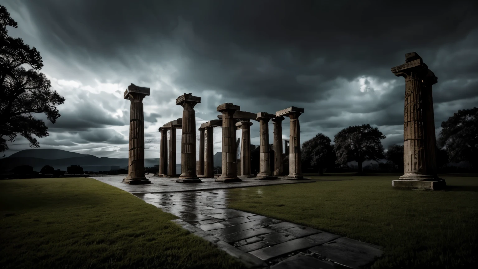 ancient greek,stoicism,dark,emotions,connected,stoic philosophy,cinematic,ancient statues,dramatic lighting,shadows,monochromatic colors,mysterious atmosphere,(best quality,4k,8k,highres,masterpiece:1.2),ultra-detailed,photorealistic,HDR,expressive faces,facial expressions,detailed eyes and lips,deep sorrow,hauntingly beautiful,ethereal,stoic determination,emotionally charged,stormy skies,towering pillars,ruined temple,lone figure,contemplation,inward reflection,melancholic,twisted tree branches,overgrown foliage,aged textures,ancient engravings,unearthly beauty,flickering torches,solemn silence,ominous presence,midnight darkness,wisdom,philosophy.