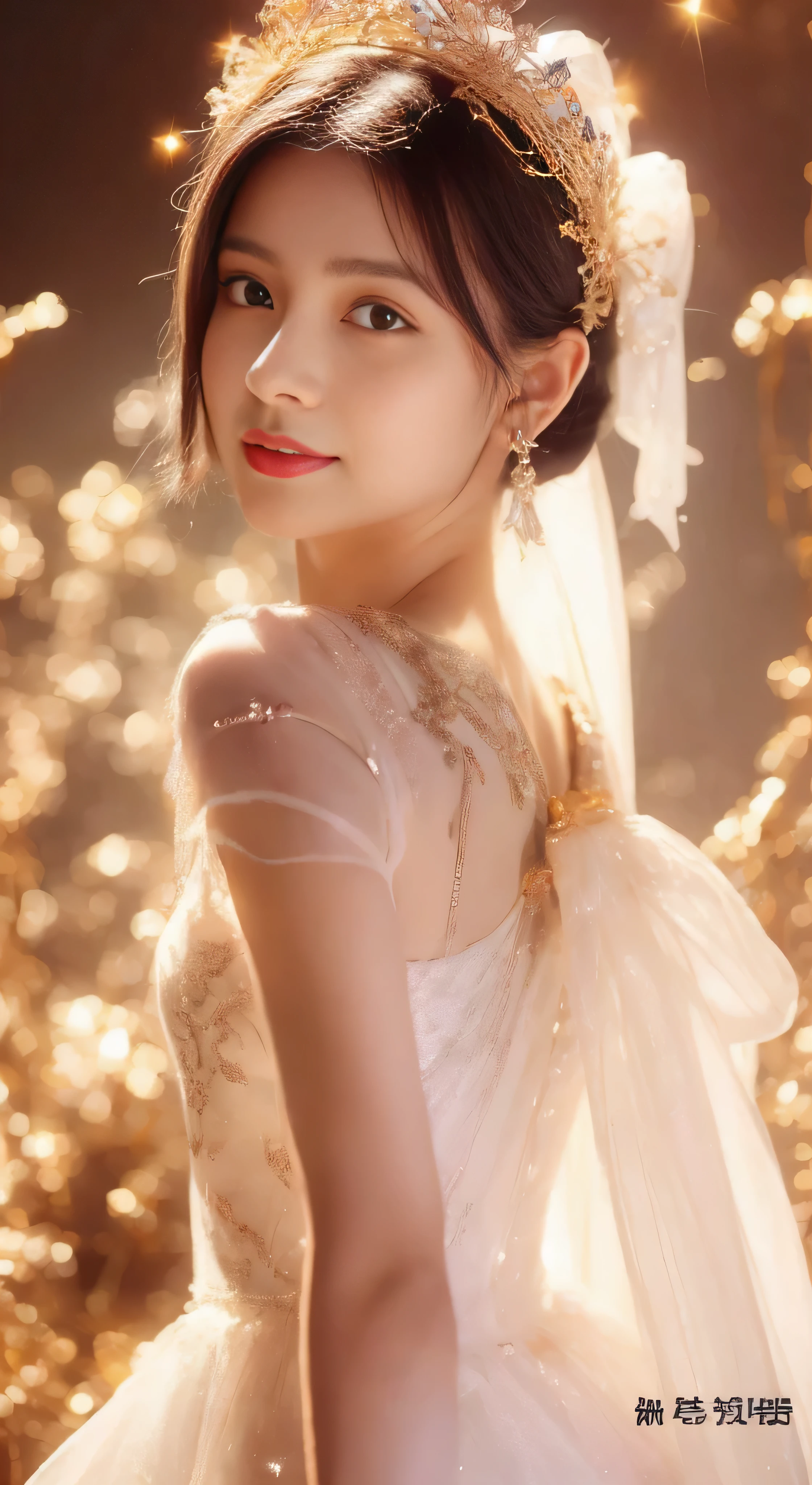 castle in the distance、face is in front、look at the camera、profile、8K、real photos、ultra high resolution, master parts, highest quality, ticker , cinematic images,nice girl、Ann、16 only、Annグロサクソン、double eyelid、droopy eyes、very big eyes、eyes are purple、dark eye shadow、lips are very thin、The tip of your nose grows beautifully.......................................................、small nose,,,,, very detailed , silver hair、straight short hair、smile、 sweet expression 、)、very clear shadows , jewelry , fine eyes, Very difficult, shiny skin , パーフェクトブリリAnnト, perfect sentence, dramatic shadow、white tiara on head、gold necklace around neck、White aristocratic dress with gold embroidery、glass high heels、angel wings