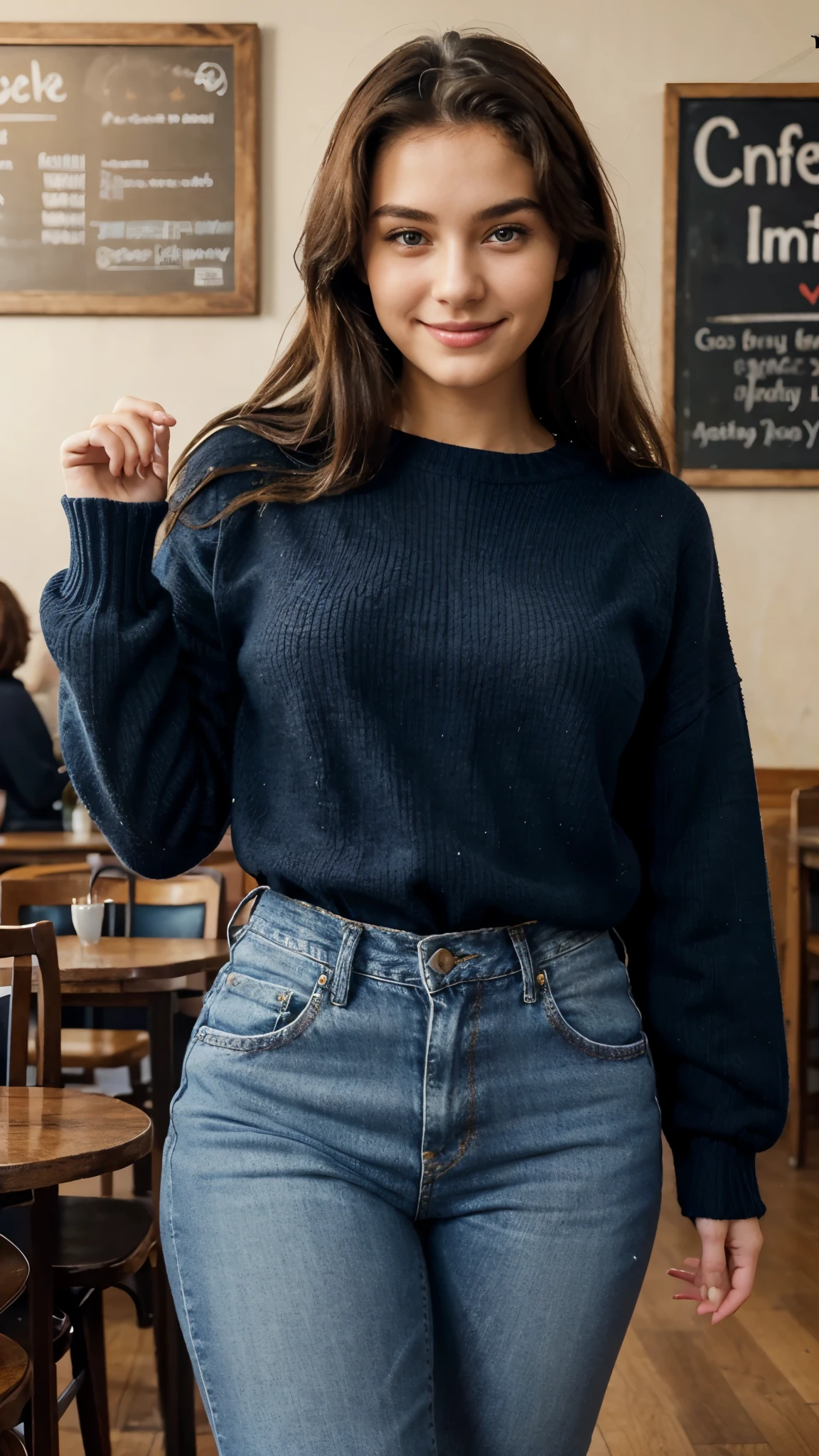 23 years old lady, big thighs, blue jeans, black sweater, medium size , perfect body, perfect face, looking towards camera, mild smile, enjoying, happy, vintage cafe, hands up, smile, dance