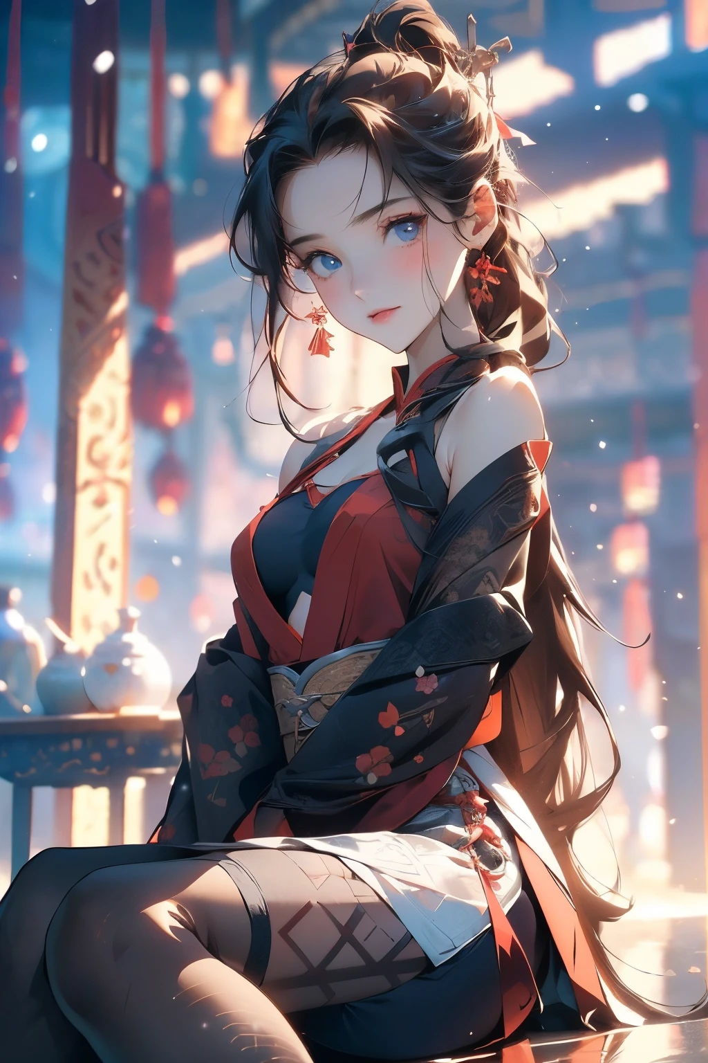 (official art、best quality、Unity 8K Wallpaper、32k、masterpiece、Super detailed、ultra high resolution、actual、Realism:1.2)、(light:1.2)、fire glow effect、film particles、best light and shadow、edge lighting、side lights、(Super detailed且复杂的 3D 渲染)、Exquisite and beautiful face,blue eyes,reddish brown hair,medium breasts, Perfect body,Smile,(Super delicate skin、Detailed skin texture:1.3, blush:1.2)、see whole body,looking into camera, Anime CG style, ((Red gorgeous Hanfu,Show chest,bare shoulders,Black tights)), Sitting in the hot spring water, (wind blows hair,bare shoulders,exposing her chest,Black tights) , night time,It's snowing
