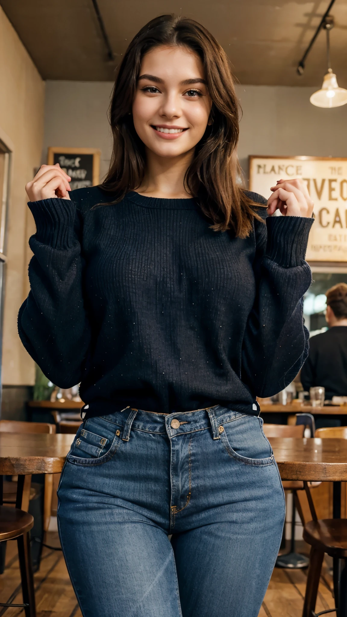 23 years old lady, big thighs, blue jeans, black sweater, medium size , perfect body, perfect face, looking towards camera, mild smile, enjoying, happy, vintage cafe, hands up, smile, dance