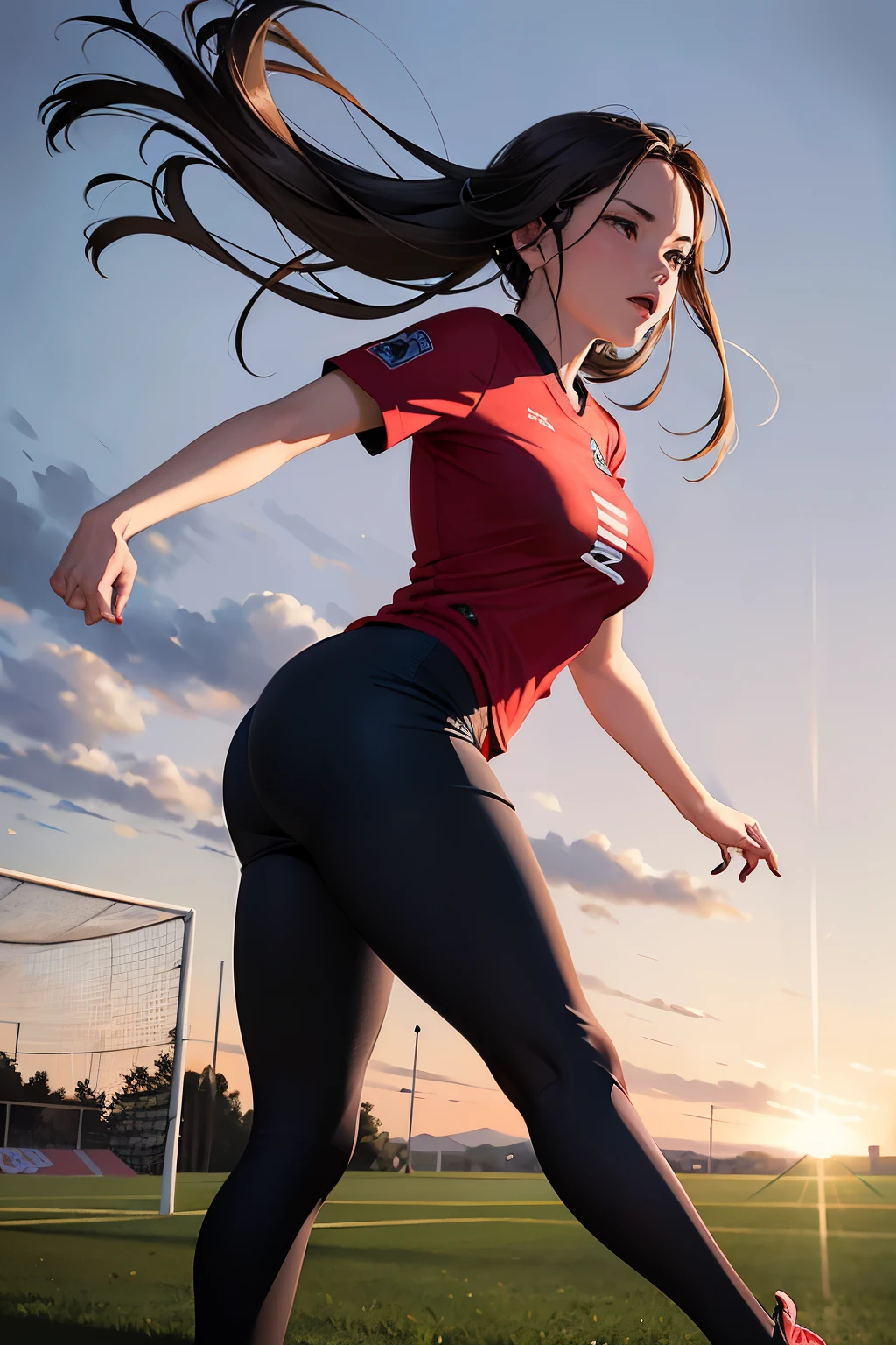 A woman in a vibrant red shirt and form-fitting leggings confidently poses next to a soccer goal, her determined expression reflecting her passion for the game. The vivid colors of her attire contrast starkly against the lush, green grass,creating a visually striking scene. The setting sun casts long, dynamic shadows over the field, adding depth and texture to the image. The soccer goalposts frame her figure perfectly, enhancing the sense of depth and perspective. Her hair, blown gently by the wind, cascades around her face, adding a sense of movement and energy to the composition. The image captures the essence of athleticism and determination, making it a top-quality, hyper-