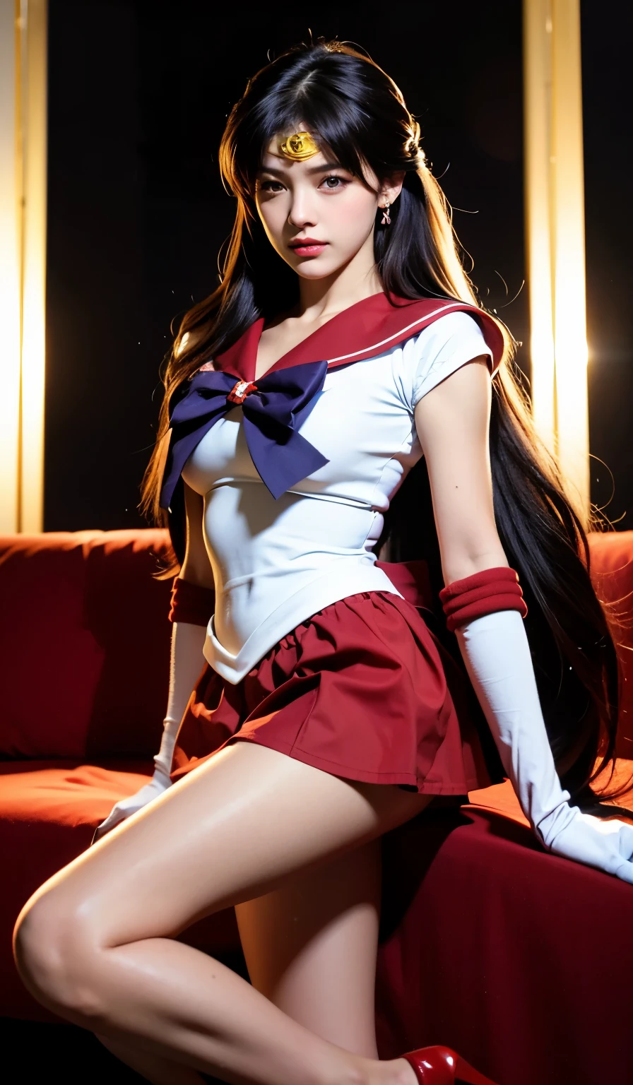 1girl, long hair, (high quality,8k, blonde hair, realistic, best quality, masterpiece, ultra detailed)1.5, ((sama1, tiara, sailor senshi uniform, white gloves, red sailor collar, red skirt)), night city, white gloves, Purple Bow, Purple eye, high heel boots, pantyhose, laying down on the back, eyes closed, unconsciousness,