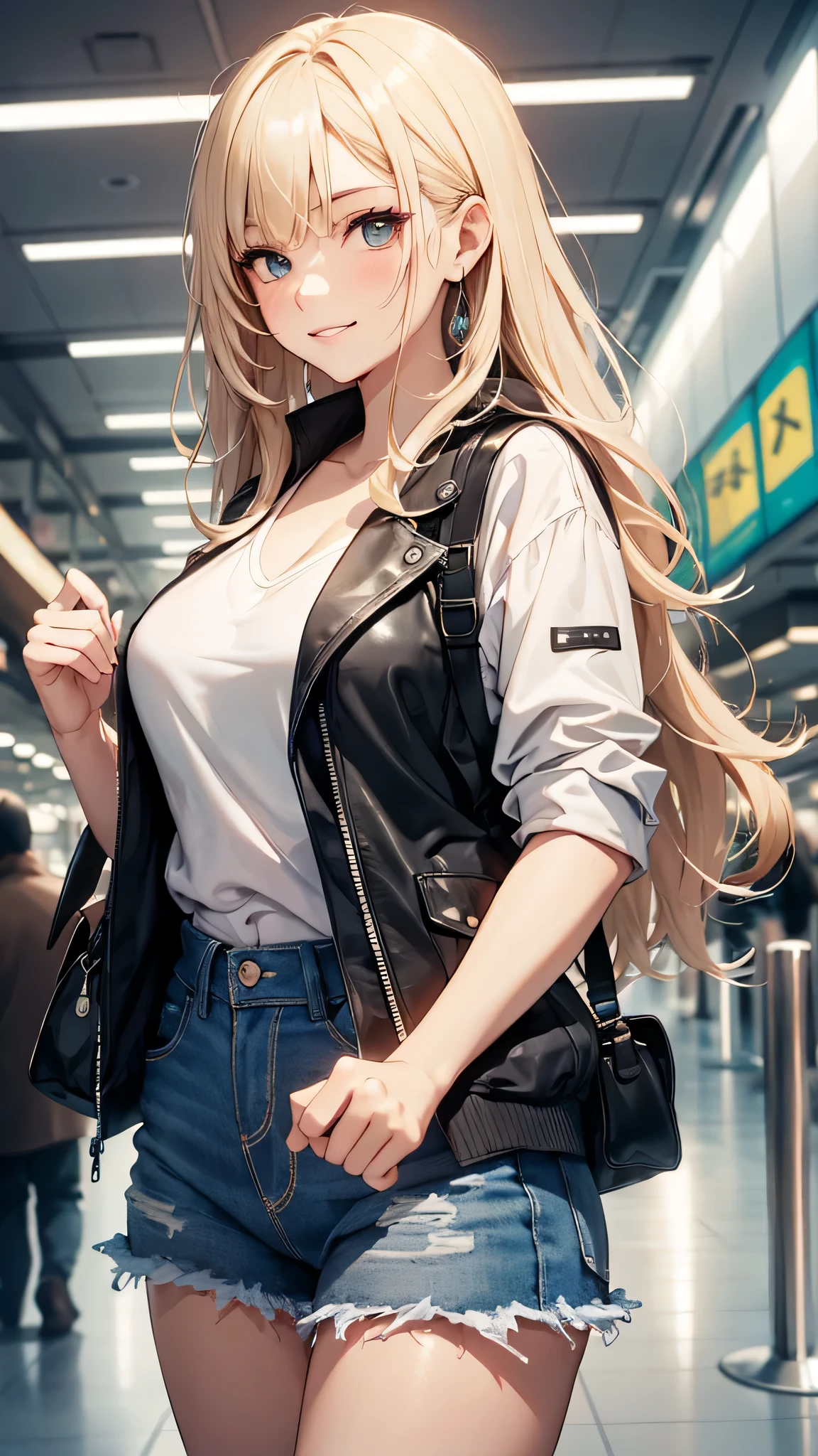 最high quality、best image quality、masterpiece、age girl((20-year-old、 By becoming、vest bust、medium bust,wide open breast tea、black eye, blonde hair、long hair、thin,highest valley、blue shorts、Black Short Sleeve Jacket、walk、white shirt,chest、Eyeshadow Makeup、I have a carry bag、greeting、pointing、smile、leaning forward、midwest)),high quality、beautiful art、background((In the airport))、debris flies、Depth of written boundary、movie、visual art、perfect art、8K,genuine