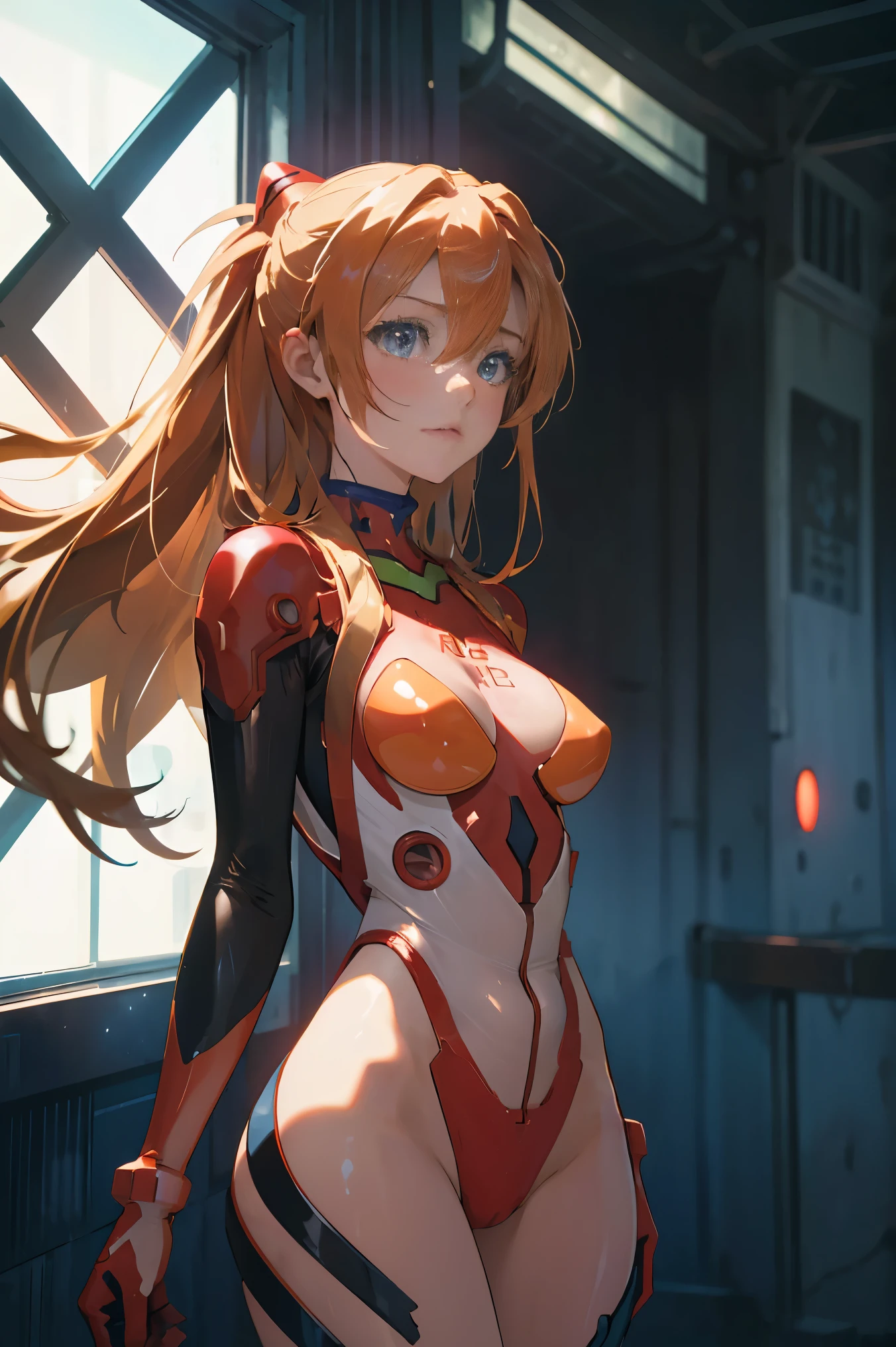 (masterpiece, best quality), 1girl, beautiful face, beautiful body, souryuu_asuka_langley, plugsuit, bodysuit, interface headset, red bodysuit, hair between eyes, pilot suit