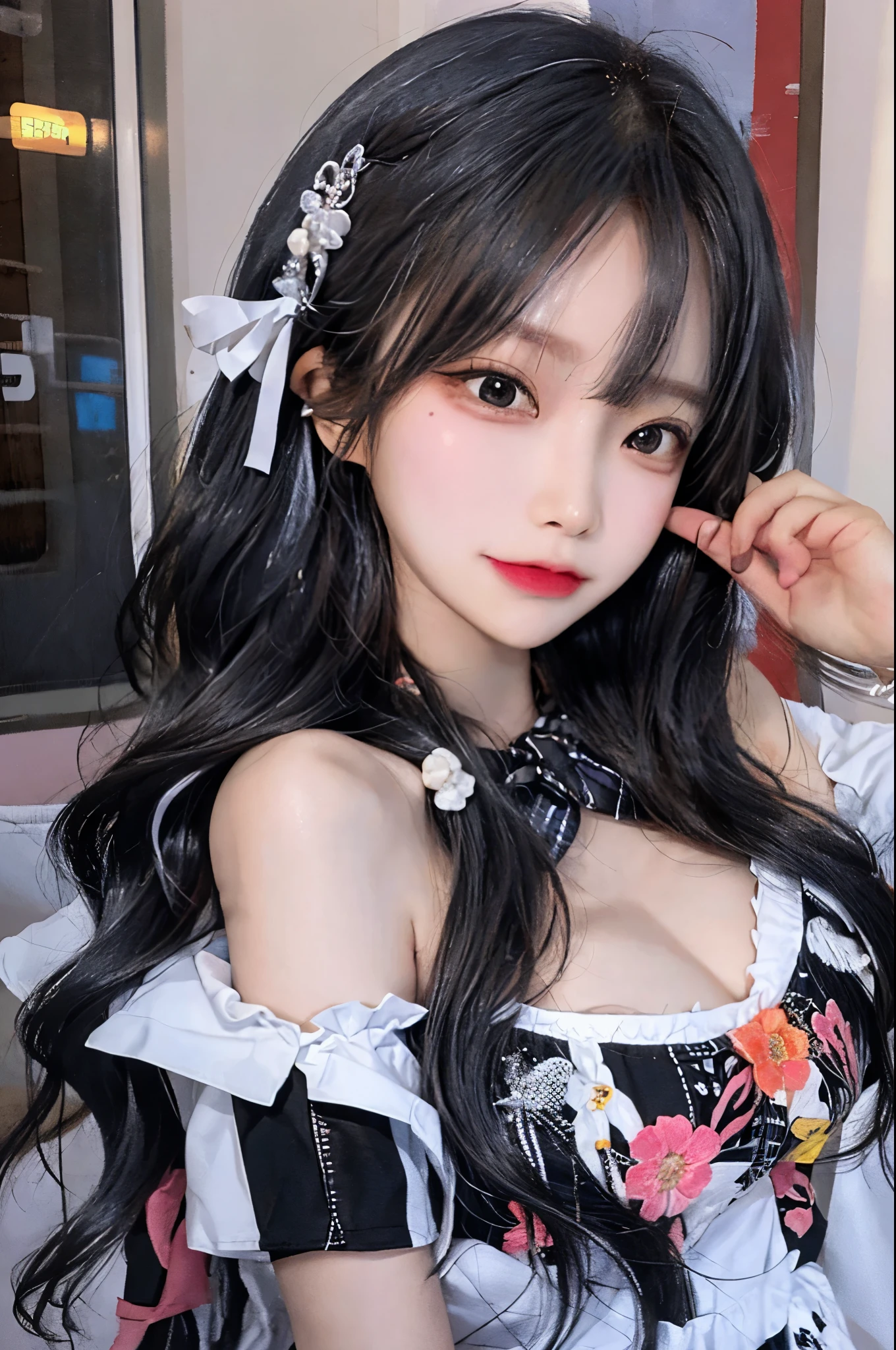 black_white_multicolored hair, long wavy hair {offshoulder}, {pencil_skirt}, 17-year-old female,masterpiece,high quality,intricate details, light skin, Brightly shining hair, (skinny:1.2), masterpiece,best quality, cute girl, Distinct image, {full bangs},blunt bangs,narrow waist,looking for viewer,dark double eyelids, Aegyo-sal under dark eyes,seductive smile,skin tight, {aegyo sal}, seductive smile,hair ribbon decoration,A little bit of cleavage is visible,stocking,slender,slender_stomach,Thin_lips,Red_eyes,contrapposto,compression_shirt,littleshort,korean, kpop_idols,school_uniform