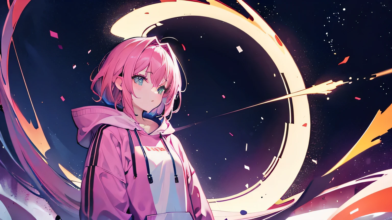 1girl, on the rightsideofthescreen, loneliness, purple hoodie, pink hair, dark orange background, gold background, mint background, 8k, masterpiece