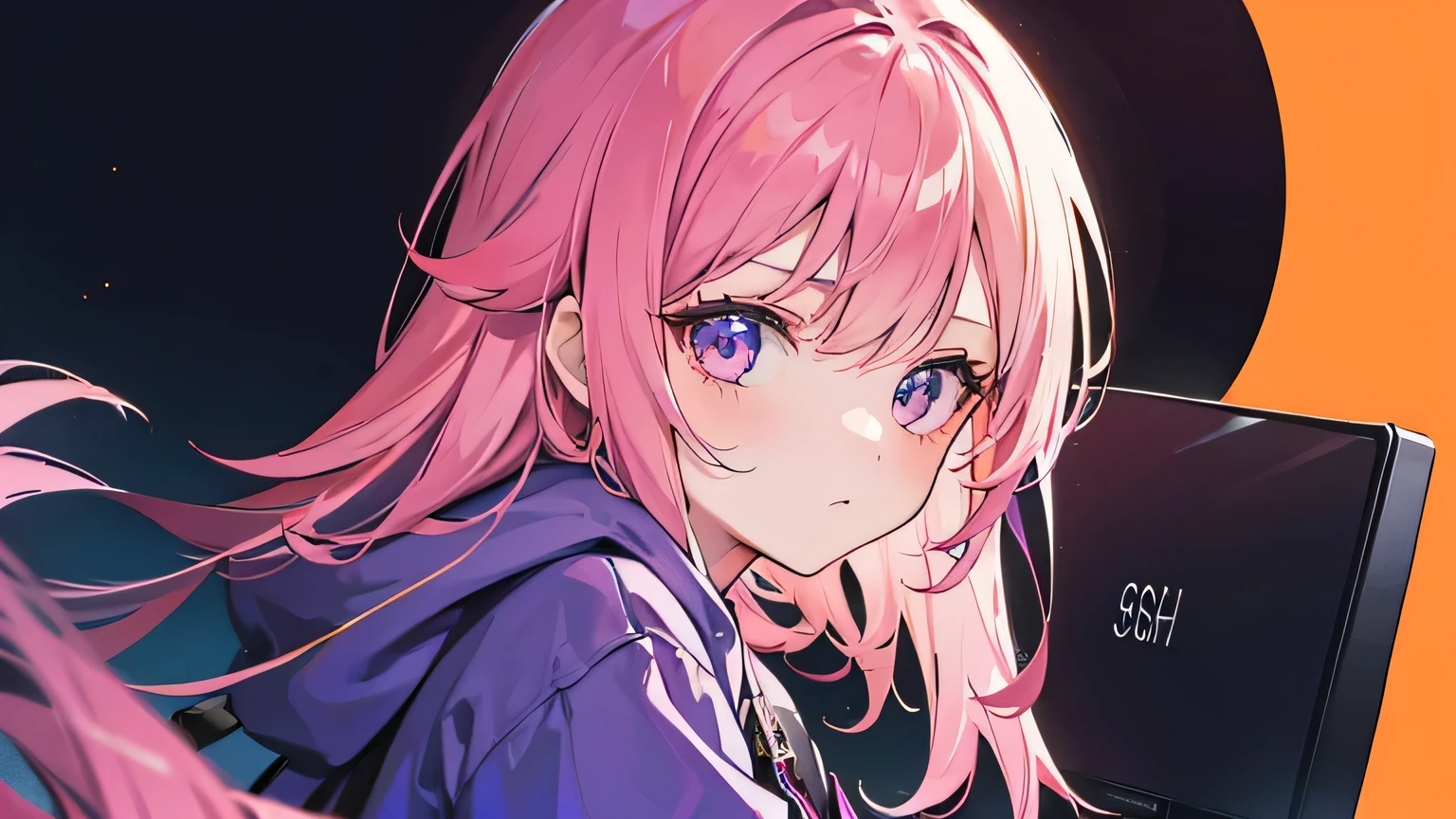 1girl, on the rightsideofthescreen, loneliness, purple hoodie, pink hair, dark orange background, gold background, mint background, 8k, masterpiece