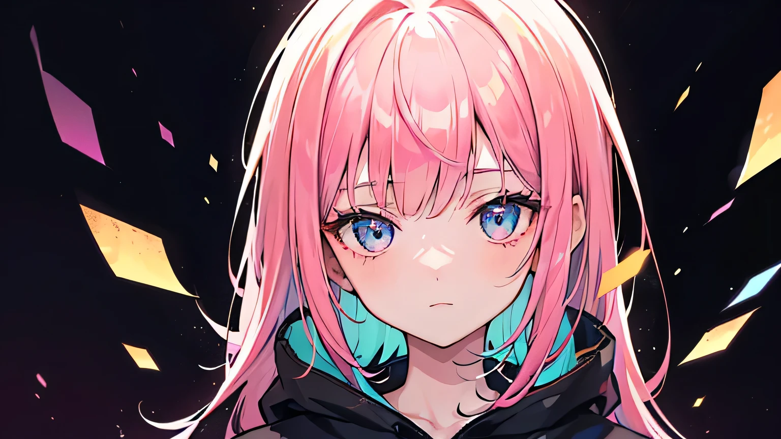 1girl, on the rightsideofthescreen, loneliness, purple hoodie, pink hair, dark orange background, gold background, mint background, 8k, masterpiece