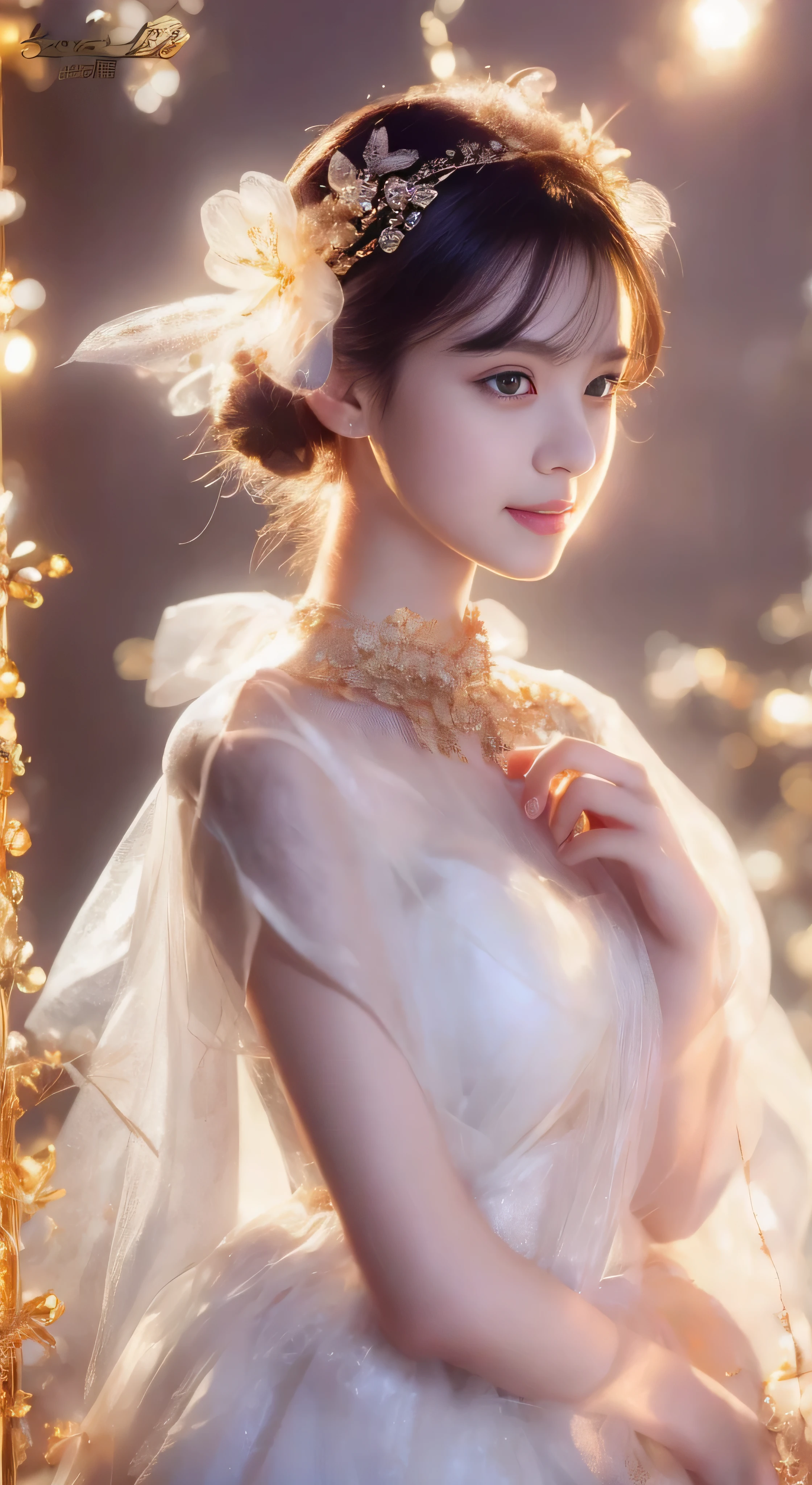 castle in the distance、face is in front、look at the camera、profile、8K、real photos、ultra high resolution, master parts, highest quality, ticker , cinematic images,nice girl、Ann、16 only、Annグロサクソン、double eyelid、droopy eyes、very big eyes、eyes are purple、dark eye shadow、lips are very thin、The tip of your nose grows beautifully.......................................................、small nose,,,,, very detailed , silver hair、straight short hair、smile、 sweet expression 、)、very clear shadows , jewelry , fine eyes, Very difficult, shiny skin , パーフェクトブリリAnnト, perfect sentence, dramatic shadow、white tiara on head、gold necklace around neck、White aristocratic dress with gold embroidery、glass high heels、angel wings