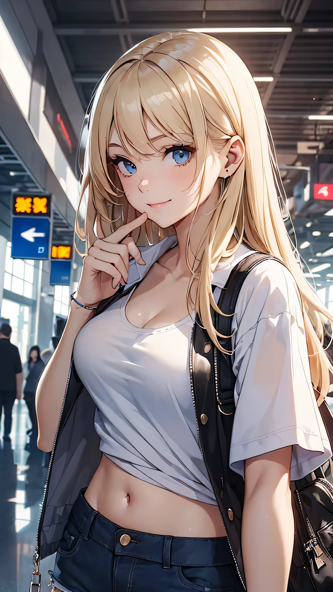 最high quality、best image quality、masterpiece、teenage girl((20-year-old、 By becoming、vest bust、medium bust,wide open breast tea、black eye, blonde hair、long hair、thin,highest valley、blue shorts、Black Short Sleeve Jacket、walk、white shirt,chest、Eyeshadow Makeup、I have a carry bag、greeting、pointing、smile、leaning forward、midwest)),high quality、beautiful art、background((In the airport))、debris flies、Depth of written boundary、movie、visual art、perfect art、8K,genuine