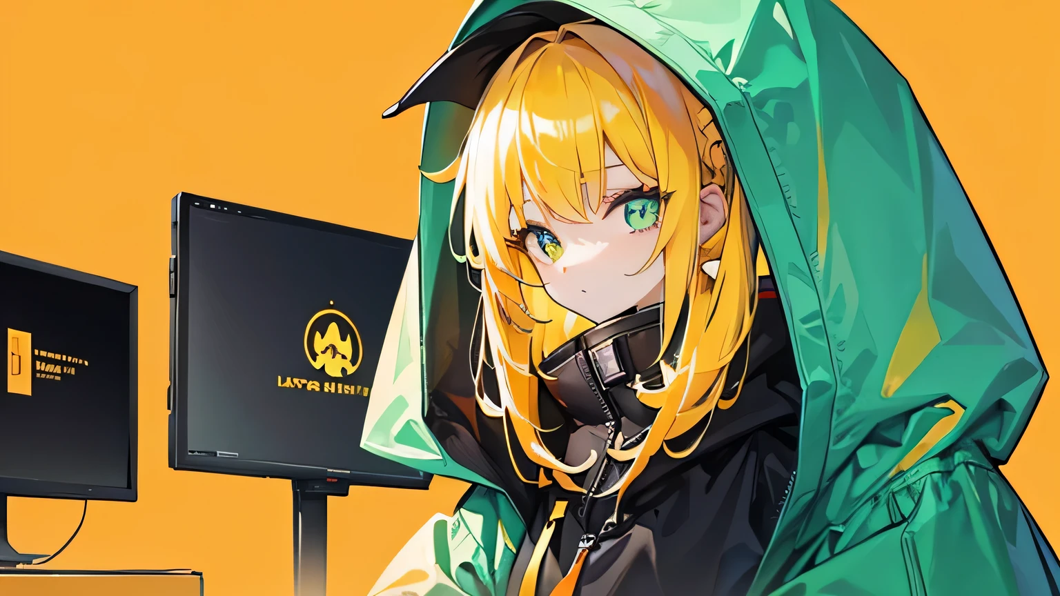 1girl, on the rightsideofthescreen, loneliness, yellow hoodie, yellow hair, dark orange background, gold background, mint background, 8k, masterpiece