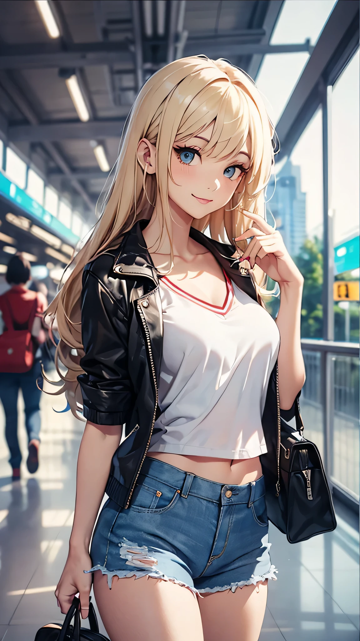 最high quality、best image quality、masterpiece、teenage girl((20-year-old、 By becoming、vest bust、medium bust,wide open breast tea、black eye, blonde hair、long hair、thin,highest valley、blue shorts、Black Short Sleeve Jacket、walk、white shirt,chest、Eyeshadow Makeup、I have a carry bag、greeting、pointing、smile、leaning forward、midwest)),high quality、beautiful art、background((In the airport))、debris flies、Depth of written boundary、movie、visual art、perfect art、8K,genuine