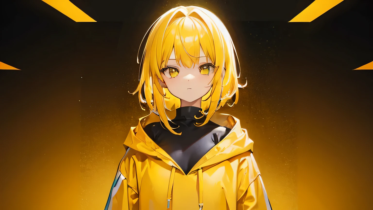 1girl, on the rightsideofthescreen, loneliness, yellow hoodie, yellow hair, dark orange background, gold background, mint background, 8k, masterpiece