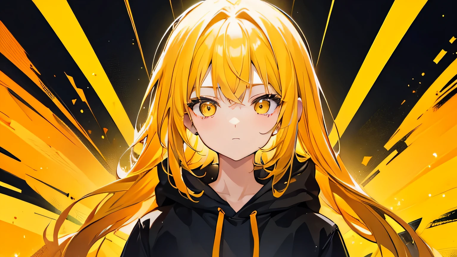 1girl, on the rightsideofthescreen, loneliness, yellow hoodie, yellow hair, dark orange background, gold background, mint background, 8k, masterpiece