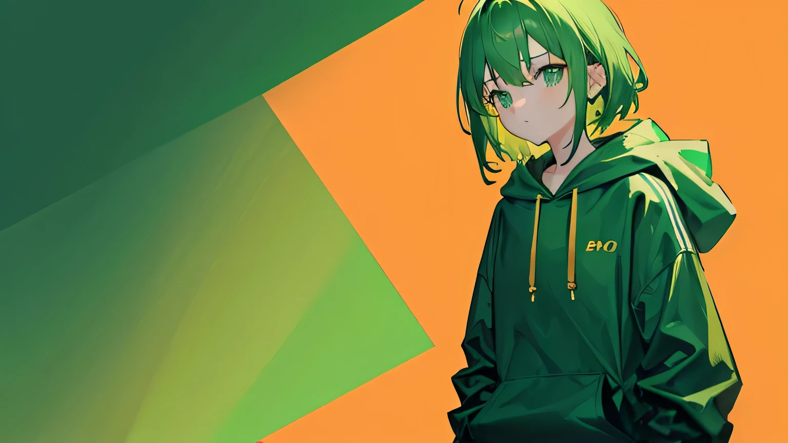 1girl, on the rightsideofthescreen, loneliness, green hoodie, green hair, dark orange background, gold background, mint background, 8k, masterpiece
