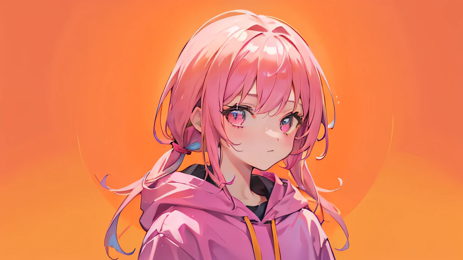 1girl, on the rightsideofthescreen, loneliness, pink hoodie, pink hair, dark orange background, gold background, mint background, 8k, masterpiece