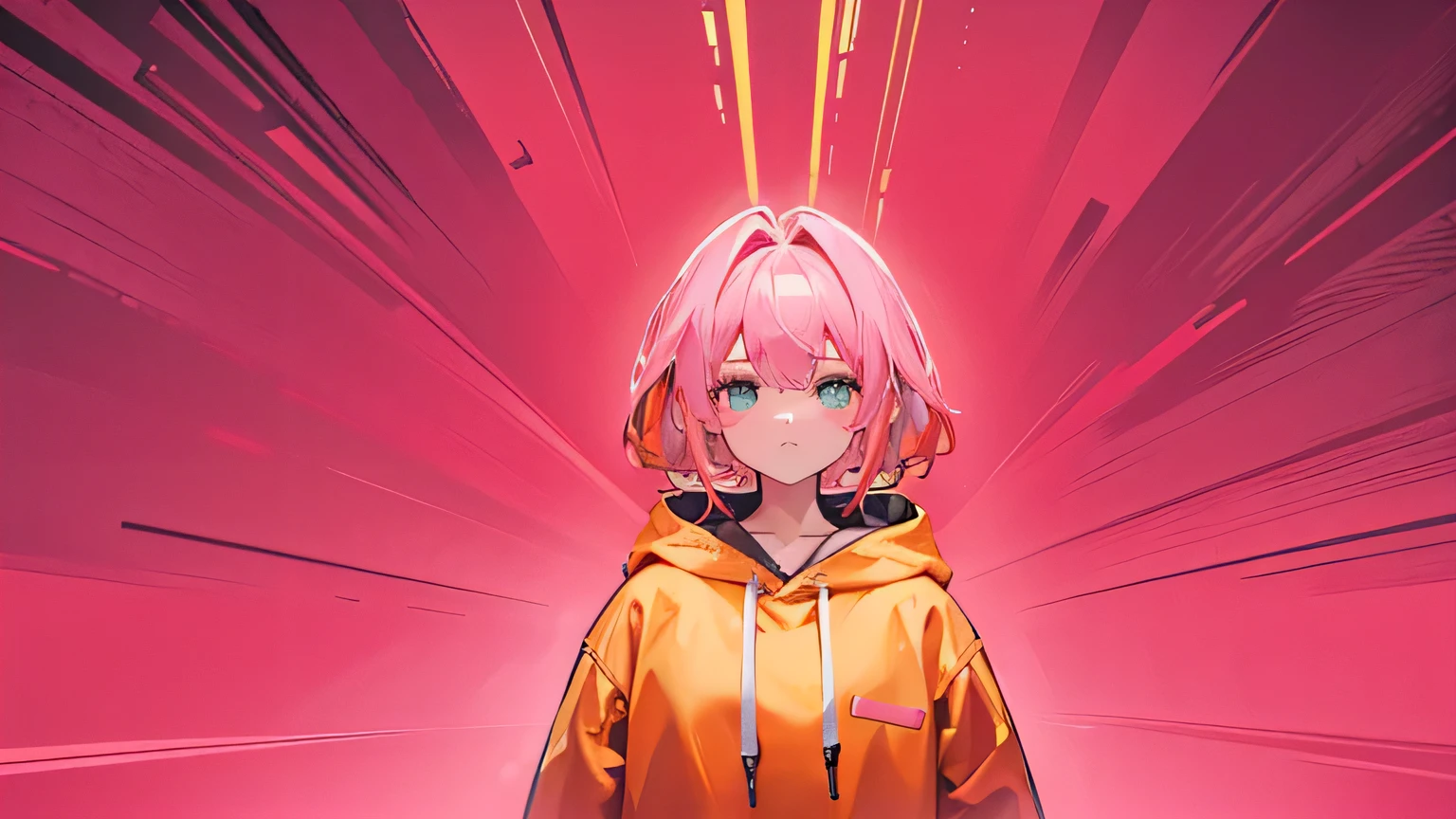 1girl, on the rightsideofthescreen, loneliness, pink hoodie, pink hair, dark orange background, gold background, mint background, 8k, masterpiece