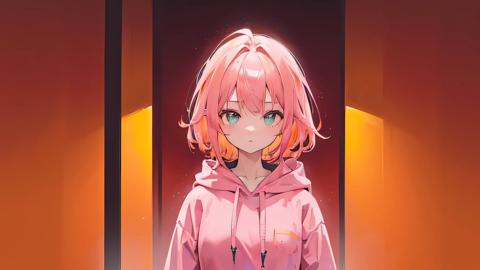 1girl, on the rightsideofthescreen, loneliness, pink hoodie, pink hair, dark orange background, gold background, mint background, 8k, masterpiece
