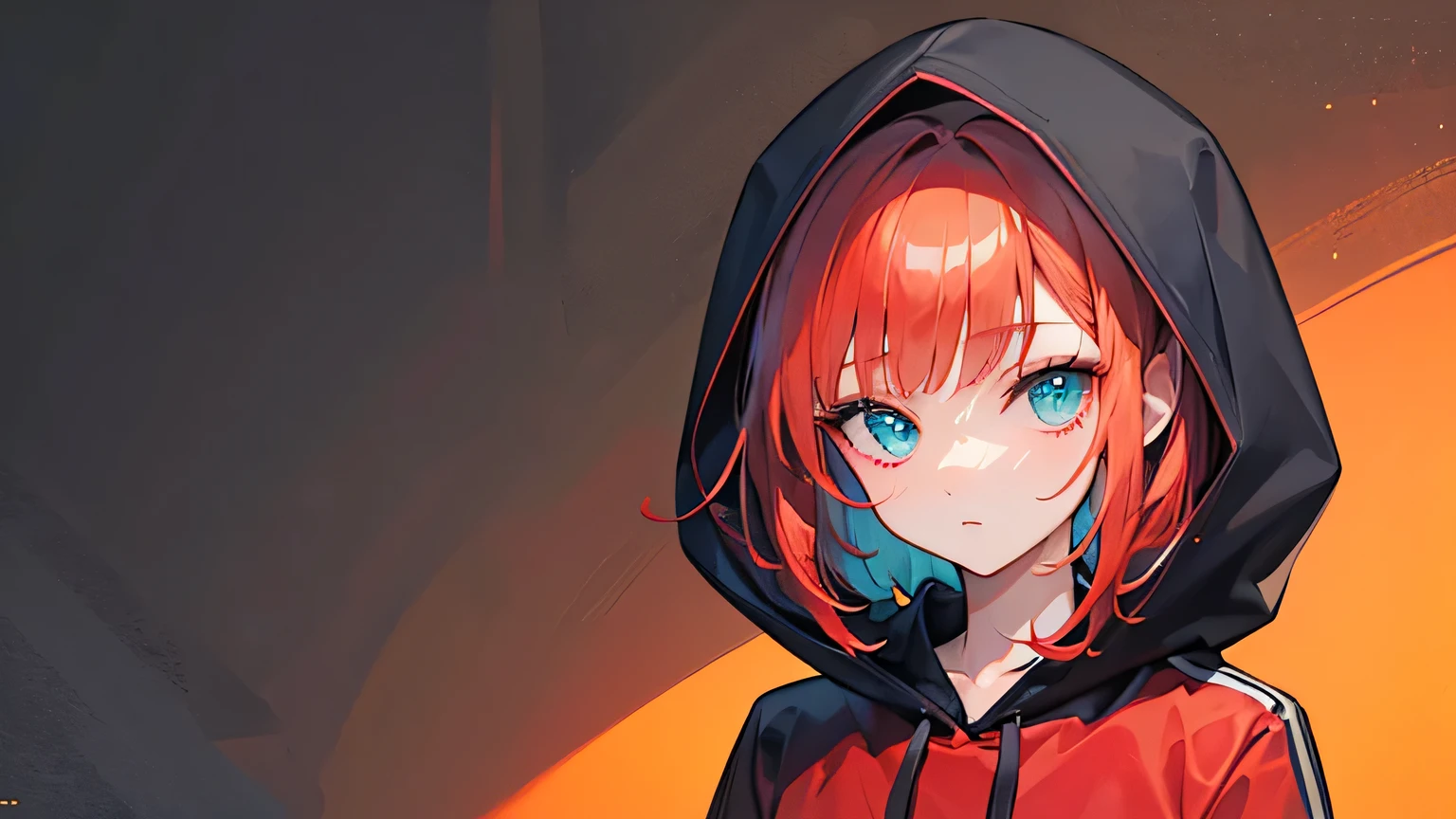 1girl, on the rightsideofthescreen, loneliness, red hoodie, red hair, dark orange background, gold background, mint background, 8k, masterpiece 