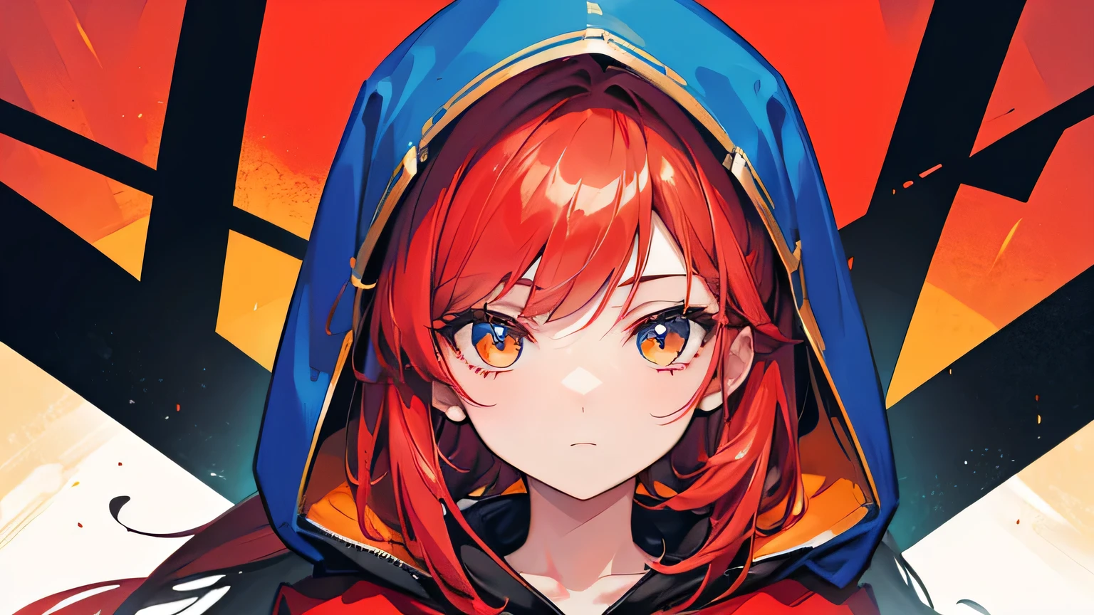 1girl, on the rightsideofthescreen, loneliness, red hoodie, red hair, dark orange background, gold background, mint background, 8k, masterpiece 