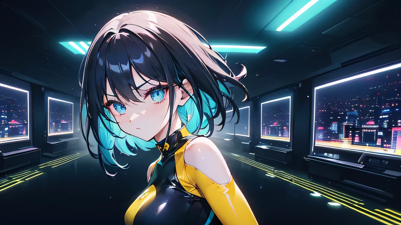 Editorial Style photo, Low angle, 1woman, fit-muscled body, medium breast, bright yellow eyes,dark blue hair , blue eyes, With round lenses, The audience watched carefully, (s face: 1.2), Perfect female figure, ((standing)), ((yellow Tight crop top yellow leather suit), face close up, ((Bonifasko lighting)), (The round lenses on his eyes)(詳細な目), Perfect student, face close up, Futurism, Nightclub, Holographic dance floor, Shimmering, pulsating, and sleek, Futuristic partygoers and tech, Vibrant neon with deep blacks, CyberGroove, Dynamic club lighting, Urban nightlife, Nighttime, Energetic and immersive, Modern sleek nightclub design,