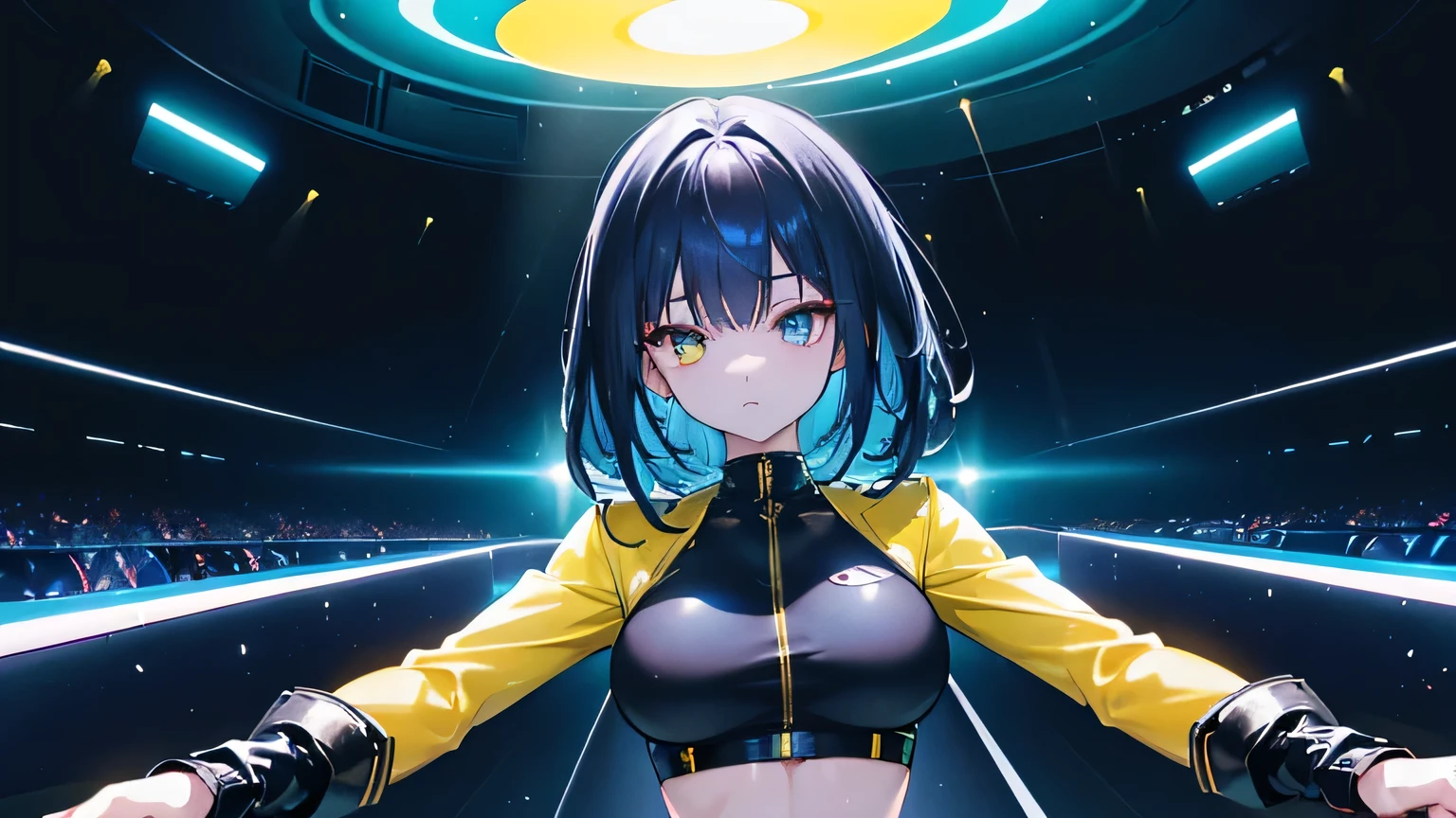 Editorial Style photo, Low angle, 1woman, fit-muscled body, medium breast, bright yellow eyes,dark blue hair , blue eyes, With round lenses, The audience watched carefully, (s face: 1.2), Perfect female figure, ((standing)), ((yellow Tight crop top yellow leather suit), face close up, ((Bonifasko lighting)), (The round lenses on his eyes)(詳細な目), Perfect student, face close up, Futurism, Nightclub, Holographic dance floor, Shimmering, pulsating, and sleek, Futuristic partygoers and tech, Vibrant neon with deep blacks, CyberGroove, Dynamic club lighting, Urban nightlife, Nighttime, Energetic and immersive, Modern sleek nightclub design,