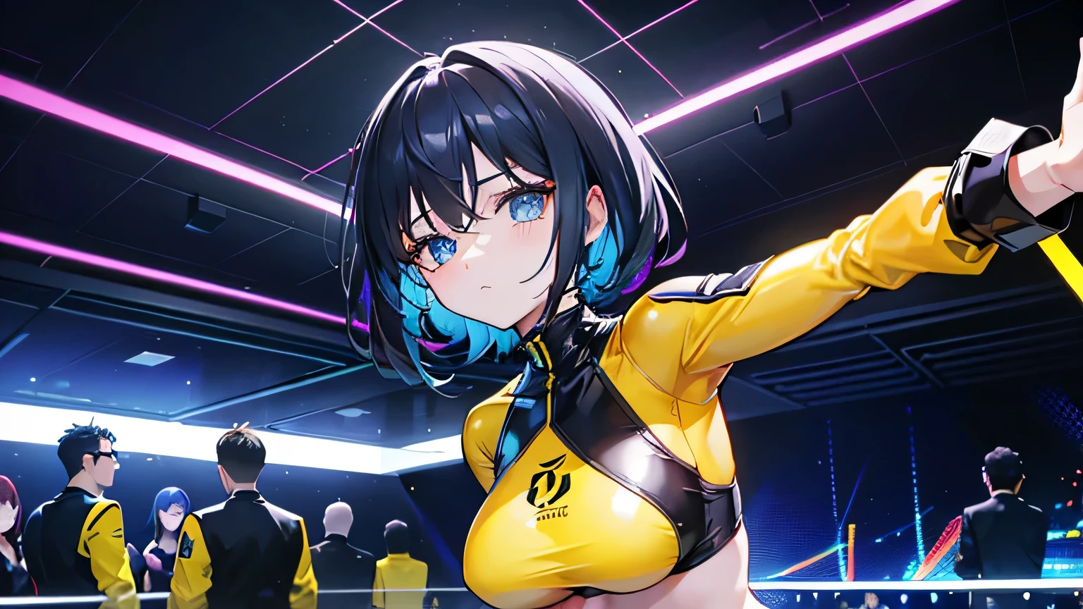 Editorial Style photo, Low angle, 1woman, fit-muscled body, medium breast, bright yellow eyes，dark blue hair , blue eyes, With round lenses, The audience watched carefully, (s face: 1.2), Perfect female figure, ((standing)), ((yellow Tight crop top yellow leather suit), face close up, ((Bonifasko lighting)), (The round lenses on his eyes)(詳細な目), Perfect student, face close up, Futurism, Nightclub, Holographic dance floor, Shimmering, pulsating, and sleek, Futuristic partygoers and tech, Vibrant neon with deep blacks, CyberGroove, Dynamic club lighting, Urban nightlife, Nighttime, Energetic and immersive, Modern sleek nightclub design,
