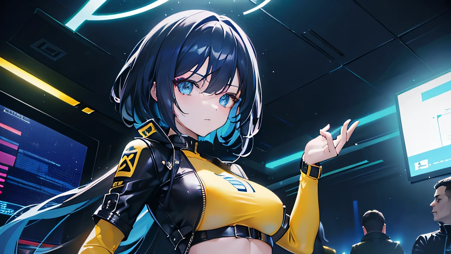 Editorial Style photo, Low angle, 1woman, fit-muscled body, medium breast, bright yellow eyes，dark blue hair , blue eyes, With round lenses, The audience watched carefully, (s face: 1.2), Perfect female figure, ((standing)), ((yellow Tight crop top yellow leather suit), face close up, ((Bonifasko lighting)), (The round lenses on his eyes)(詳細な目), Perfect student, face close up, Futurism, Nightclub, Holographic dance floor, Shimmering, pulsating, and sleek, Futuristic partygoers and tech, Vibrant neon with deep blacks, CyberGroove, Dynamic club lighting, Urban nightlife, Nighttime, Energetic and immersive, Modern sleek nightclub design,
