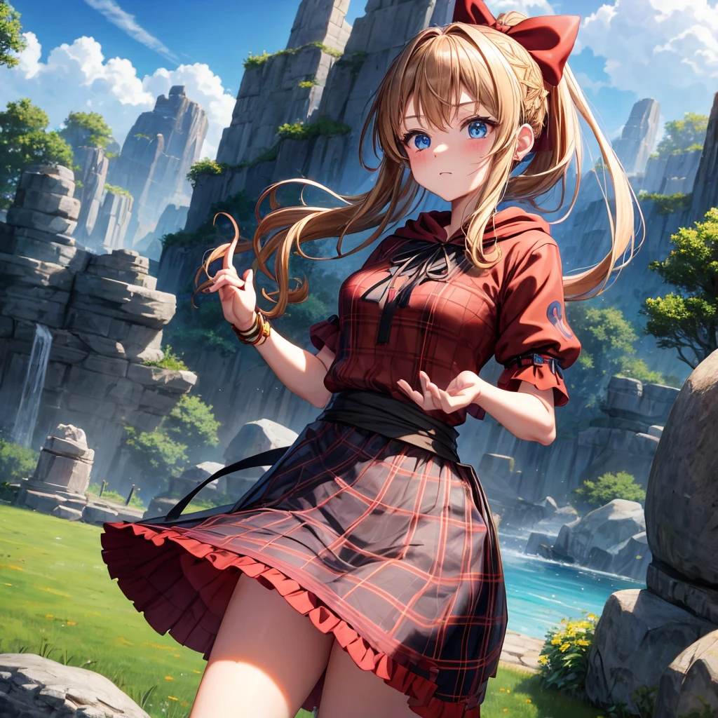 reddish-brown blonde、blue eyes、Braid、ponytail、one good looking girl、solo、anime、Plaid miniskirt、camisole、black t-shirt、dress、Doing the ribbon、Ribbon at waist、cloak、Crystal Grotto、wearing a hood、grass、clouds are swirling、stone slabs are piled up、One hand is raised、wearing a baseball cap