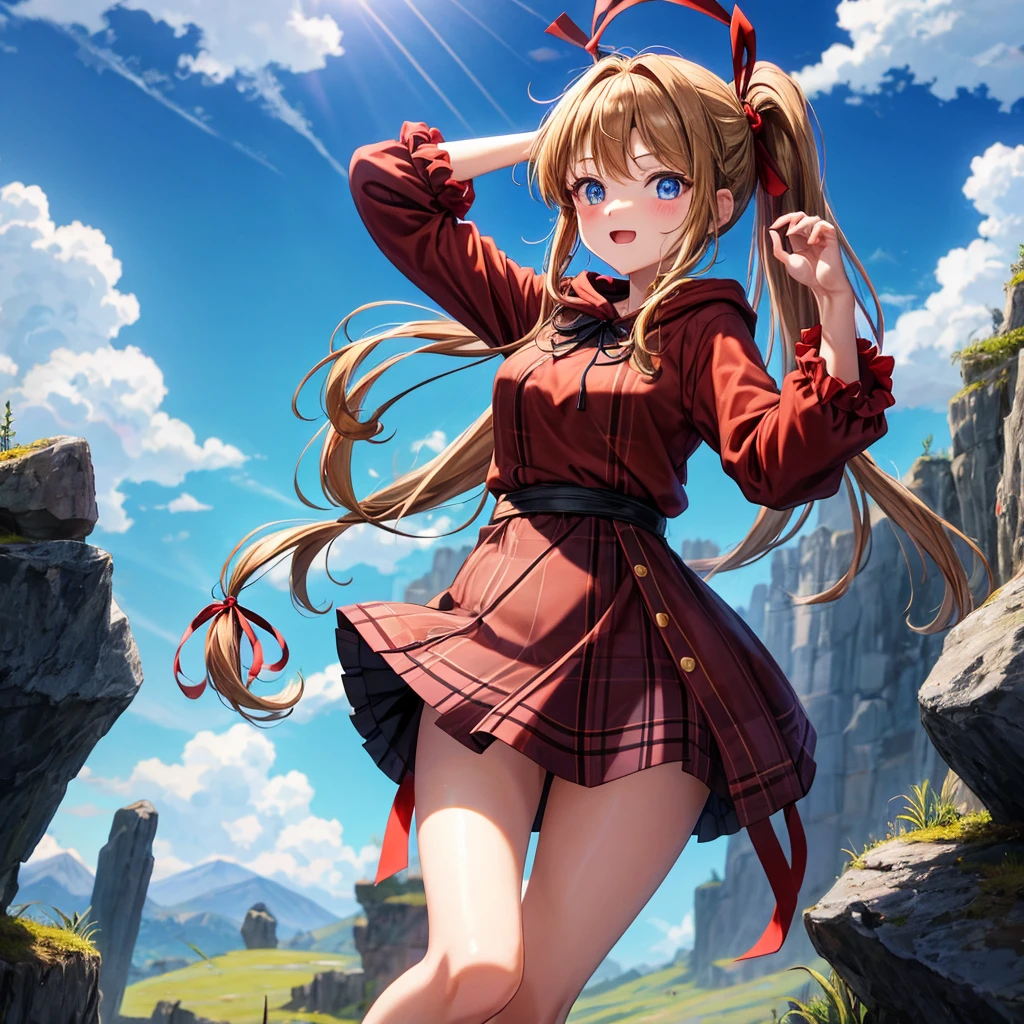 reddish-brown blonde、blue eyes、Braid、ponytail、one good looking girl、solo、anime、Plaid miniskirt、camisole、black t-shirt、dress、Doing the ribbon、Ribbon at waist、cloak、Crystal Grotto、wearing a hood、grass、clouds are swirling、stone slabs are piled up、One hand is raised、wearing a baseball cap