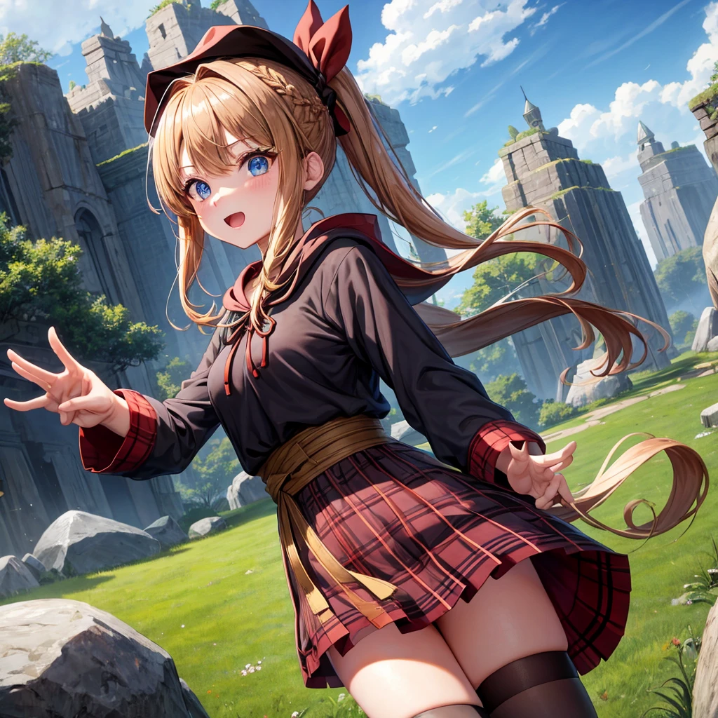 reddish-brown blonde、blue eyes、Braid、ponytail、one good looking girl、solo、anime、Plaid miniskirt、camisole、black t-shirt、dress、Doing the ribbon、Ribbon at waist、cloak、Crystal Grotto、wearing a hood、grass、clouds are swirling、stone slabs are piled up、One hand is raised、wearing a baseball cap