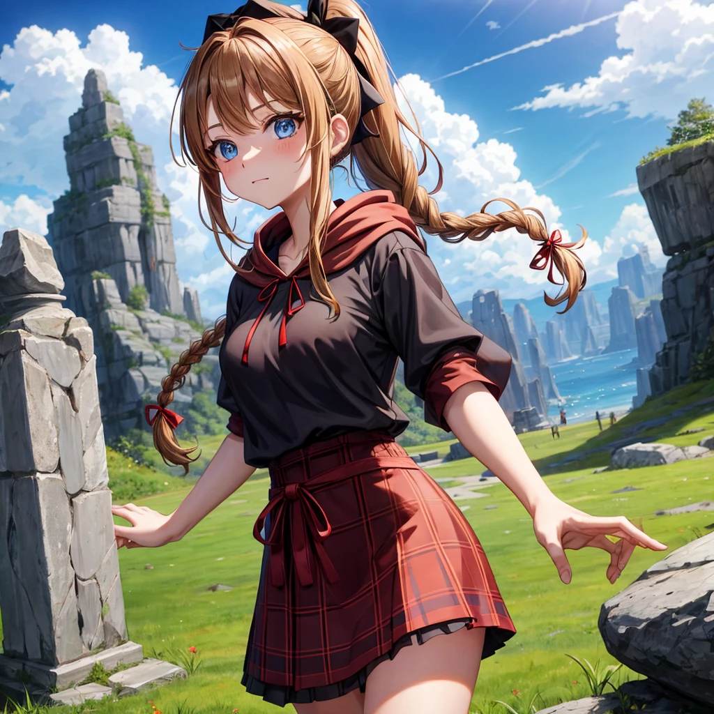 reddish-brown blonde、blue eyes、Braid、ponytail、one good looking girl、solo、anime、Plaid miniskirt、camisole、black t-shirt、dress、Doing the ribbon、Ribbon at waist、cloak、Crystal Grotto、wearing a hood、grass、clouds are swirling、stone slabs are piled up、One hand is raised、wearing a baseball cap