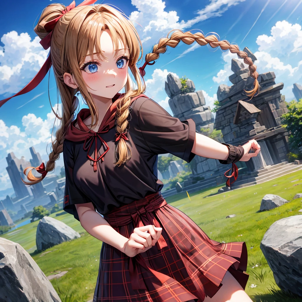 reddish-brown blonde、blue eyes、Braid、ponytail、one good looking girl、solo、anime、Plaid miniskirt、camisole、black t-shirt、dress、Doing the ribbon、Ribbon at waist、cloak、Crystal Grotto、wearing a hood、grass、clouds are swirling、stone slabs are piled up、One hand is raised、wearing a baseball cap