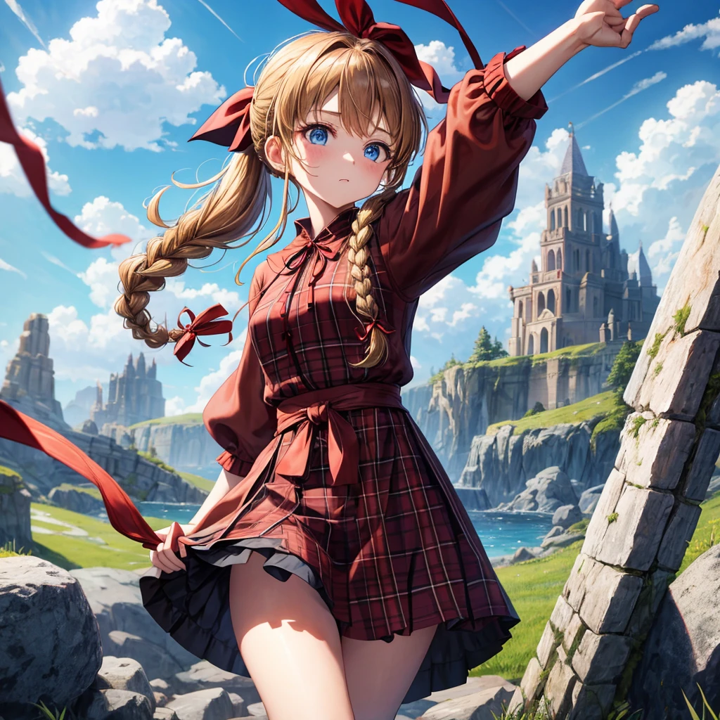 reddish-brown blonde、blue eyes、Braid、ponytail、one good looking girl、solo、anime、Plaid miniskirt、camisole、black t-shirt、dress、Doing the ribbon、Ribbon at waist、cloak、Crystal Grotto、wearing a hood、grass、clouds are swirling、stone slabs are piled up、One hand is raised、wearing a baseball cap