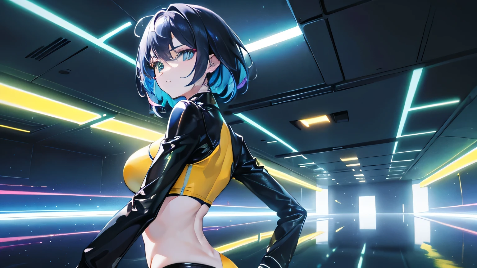 Editorial Style photo, Low angle, 1woman, fit-muscled body, medium breast, bright yellow eyes，dark blue hair , blue eyes, With round lenses, The audience watched carefully, (s face: 1.2), Perfect female figure, ((standing)), ((yellow Tight crop top yellow leather suit), face close up, ((Bonifasko lighting)), (The round lenses on his eyes)(詳細な目), Perfect student, face close up, Futurism, Nightclub, Holographic dance floor, Shimmering, pulsating, and sleek, Futuristic partygoers and tech, Vibrant neon with deep blacks, CyberGroove, Dynamic club lighting, Urban nightlife, Nighttime, Energetic and immersive, Modern sleek nightclub design,
