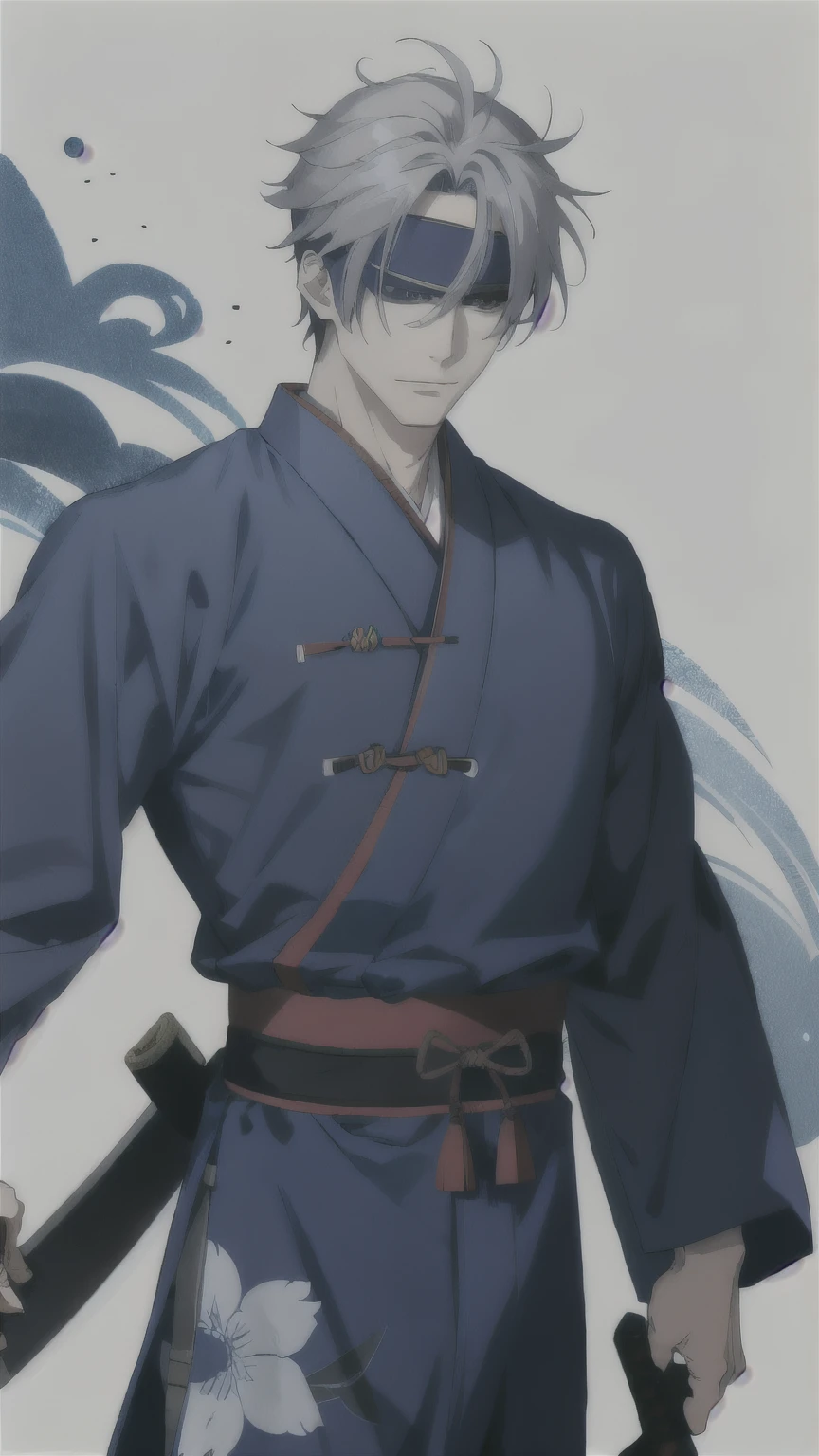 Chinese samurai, Male 38 years old, anime style. Wearing a blue haori with a blindfold with gray hair, Katana.