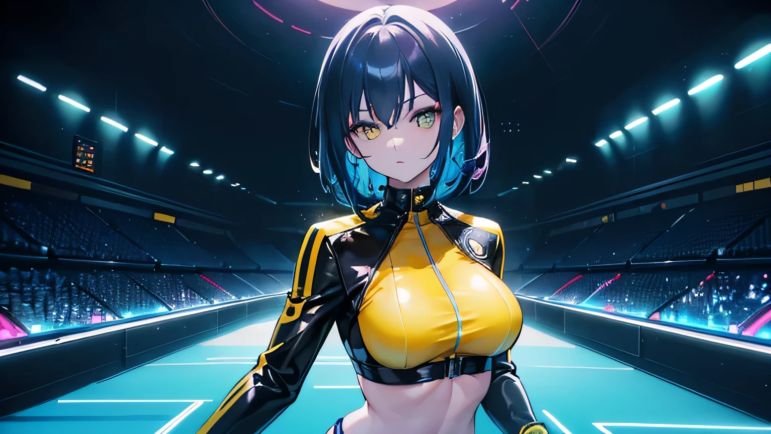 Editorial Style photo, Low angle, 1woman, fit-muscled body, medium breast, bright yellow eyes,dark blue hair , blue eyes, With round lenses, The audience watched carefully, (s face: 1.2), Perfect female figure, ((standing)), ((yellow Tight crop top yellow leather suit), face close up, ((Bonifasko lighting)), (The round lenses on his eyes)(詳細な目), Perfect student, face close up, Futurism, Nightclub, Holographic dance floor, Shimmering, pulsating, and sleek, Futuristic partygoers and tech, Vibrant neon with deep blacks, CyberGroove, Dynamic club lighting, Urban nightlife, Nighttime, Energetic and immersive, Modern sleek nightclub design,