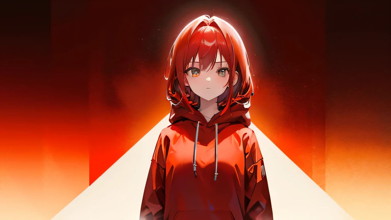 1girl, on the rightsideofthescreen, loneliness, red hoodie, red hair, dark orange background, gold background, mint background, 8k, masterpiece 