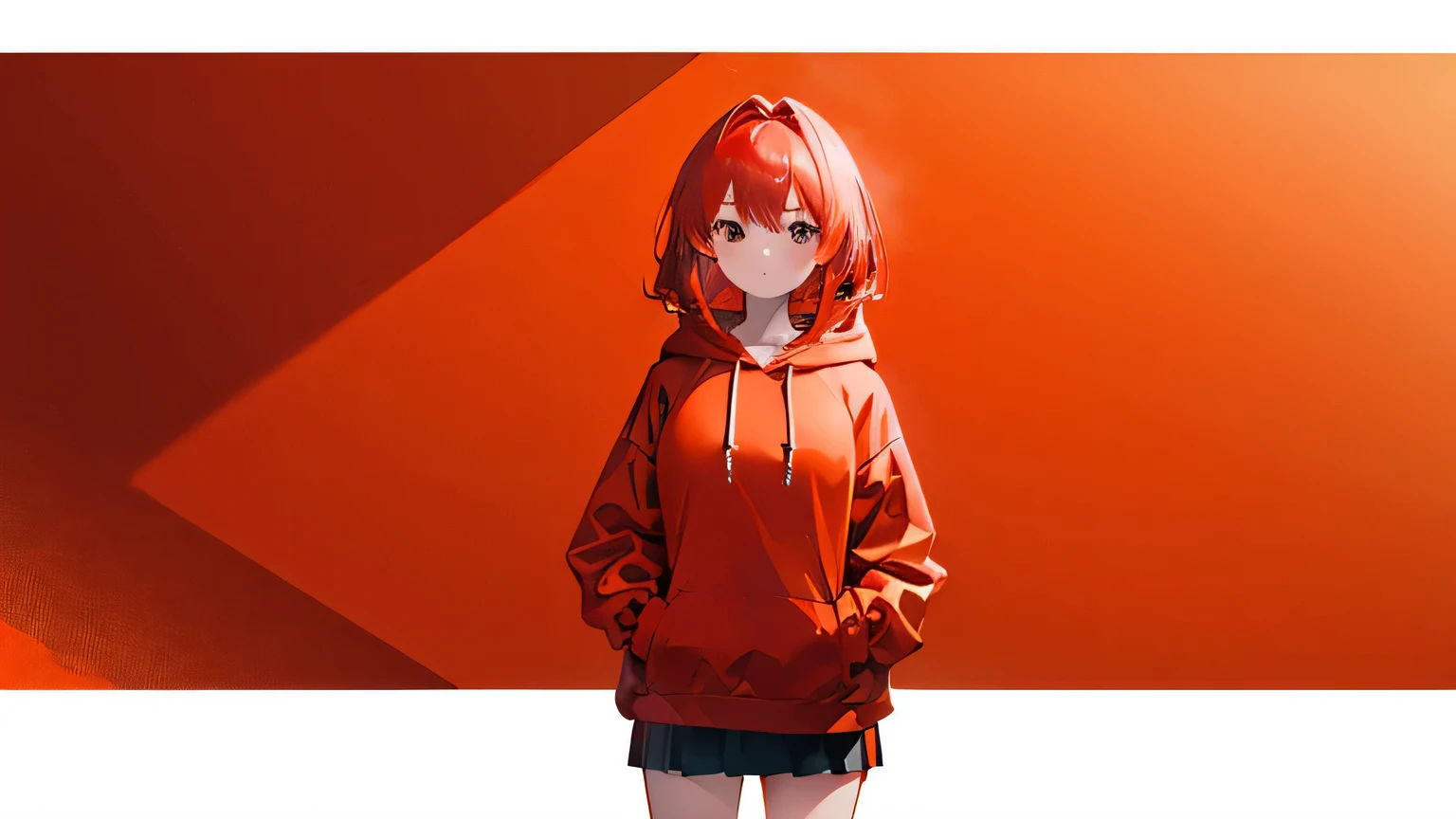 1girl, on the rightsideofthescreen, loneliness, red hoodie, red hair, dark orange background, gold background, mint background, 8k, masterpiece 