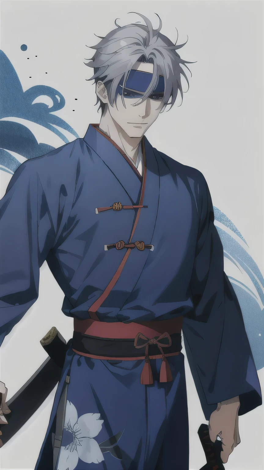 Chinese samurai, man, 38 years, anime style. Wearing a blue haori with a blindfold and gray hair., Katana.