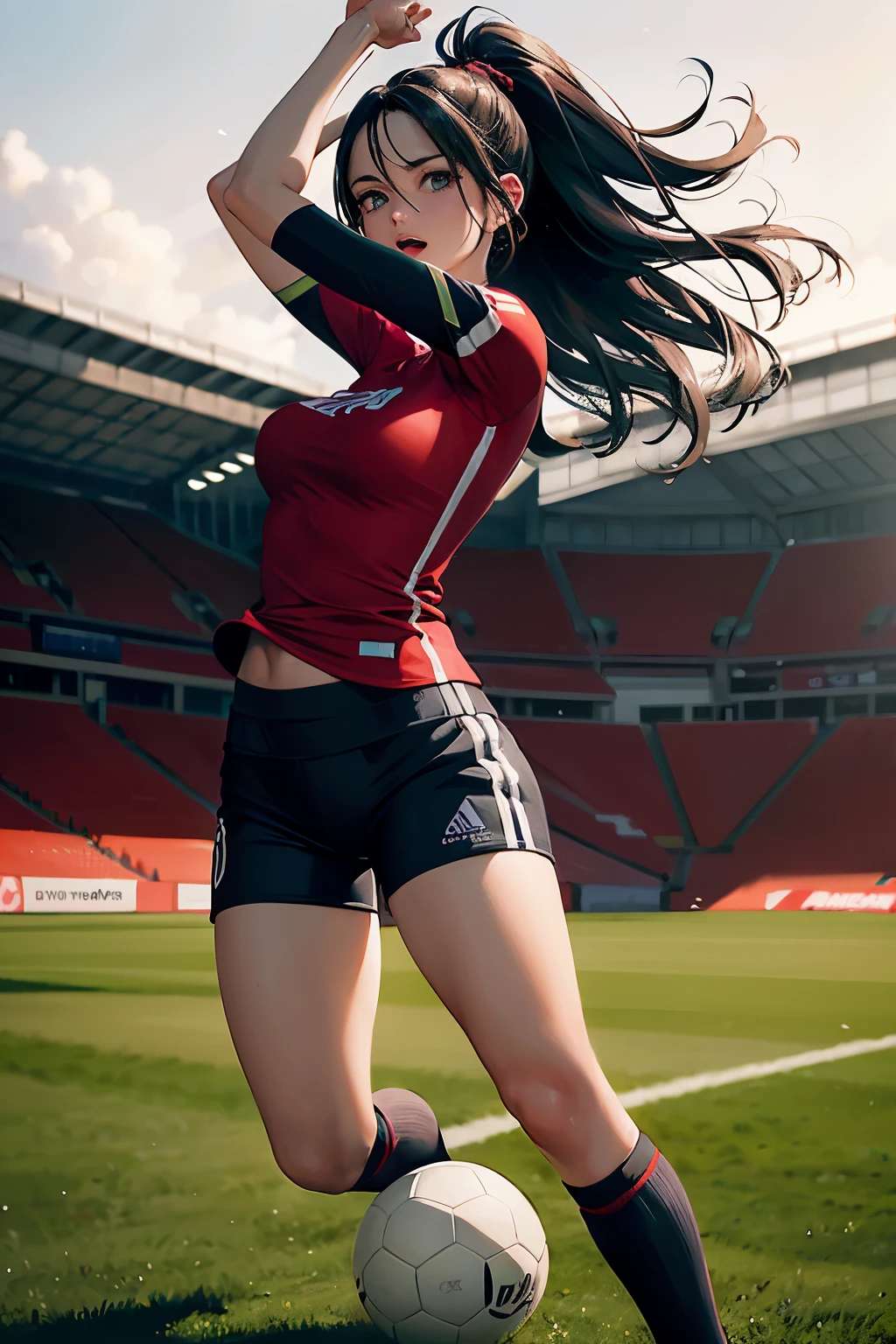 A woman in a vibrant red shirt and form-fitting leggings confidently poses next to a soccer goal, her determined expression reflecting her passion for the game. The vivid colors of her attire contrast starkly against the lush, green grass,creating a visually striking scene. The setting sun casts long, dynamic shadows over the field, adding depth and texture to the image. The soccer goalposts frame her figure perfectly, enhancing the sense of depth and perspective. Her hair, blown gently by the wind, cascades around her face, adding a sense of movement and energy to the composition. The image captures the essence of athleticism and determination, making it a top-quality, hyper-