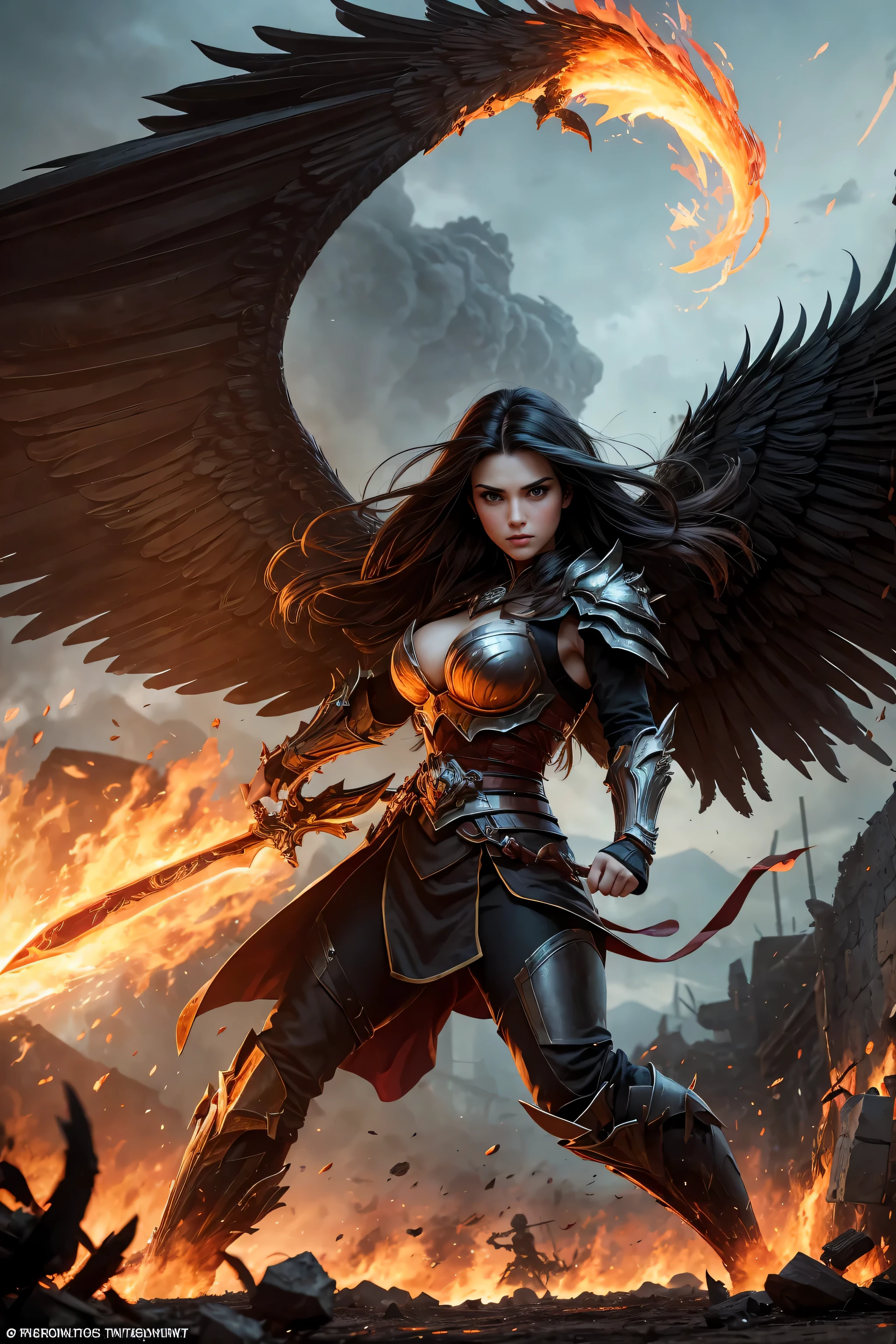 beautifully detailed face,detailed eyes,in battle,dark hair flowing in the wind,killing a big monster,she has wings,background in fire,everyone battling,heroic warrior attire,scenery filled with smoke and debris,ferocious expressions,flaming sword in her hand,majestic wings fully extended,ominous dark clouds,shadows cast by the fire,fiery embers floating in the air,intense lighting illuminating the scene,lush greenery surrounding the battlefield,vivid colors depicting the fierceness of the clash and the determination of the fighters,bokeh effect highlighting the central figures