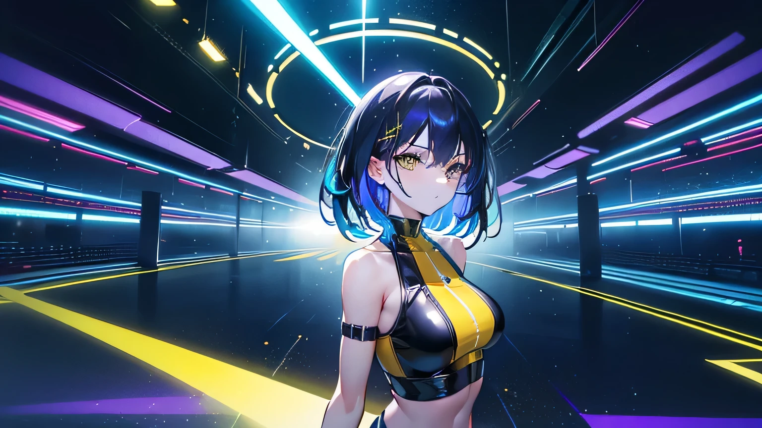 Editorial Style photo, Low angle, 1woman, fit-muscled body, medium breast, bright yellow eyes,dark blue hair , blue eyes, With round lenses, The audience watched carefully, (s face: 1.2), Perfect female figure, ((standing)), ((yellow Tight crop top yellow leather suit), face close up, ((Bonifasko lighting)), (The round lenses on his eyes)(詳細な目), Perfect student, face close up, Futurism, Nightclub, Holographic dance floor, Shimmering, pulsating, and sleek, Futuristic partygoers and tech, Vibrant neon with deep blacks, CyberGroove, Dynamic club lighting, Urban nightlife, Nighttime, Energetic and immersive, Modern sleek nightclub design,