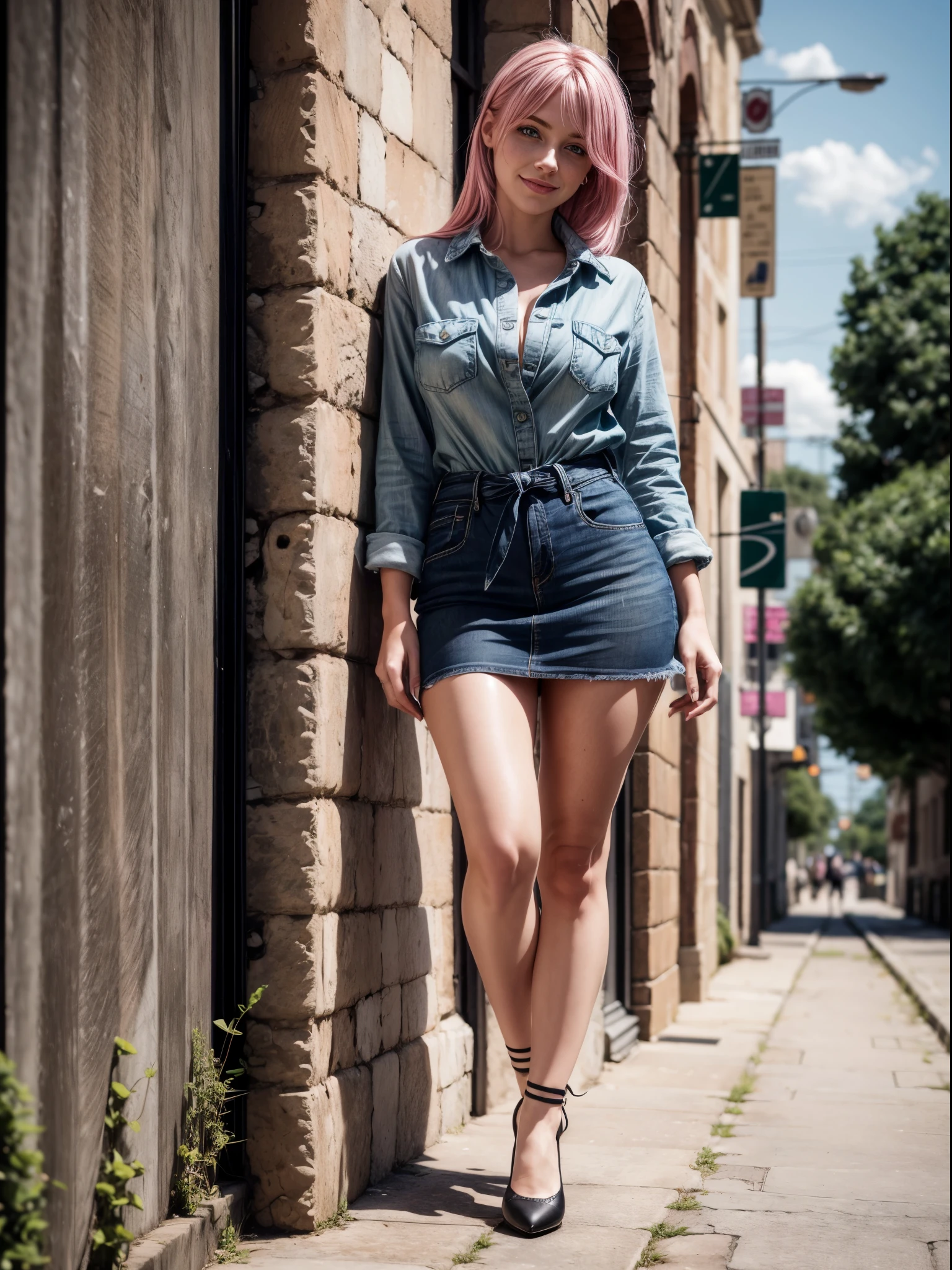 Full length, photorealistic, high resolution, soft light, 1 woman, alone, busty, pink hair, green eyes, some freckles on face, smile, standing leaning against wall, wearing black miniskirt, denim shirt, tied hair , high-heeled shoes on your feet.