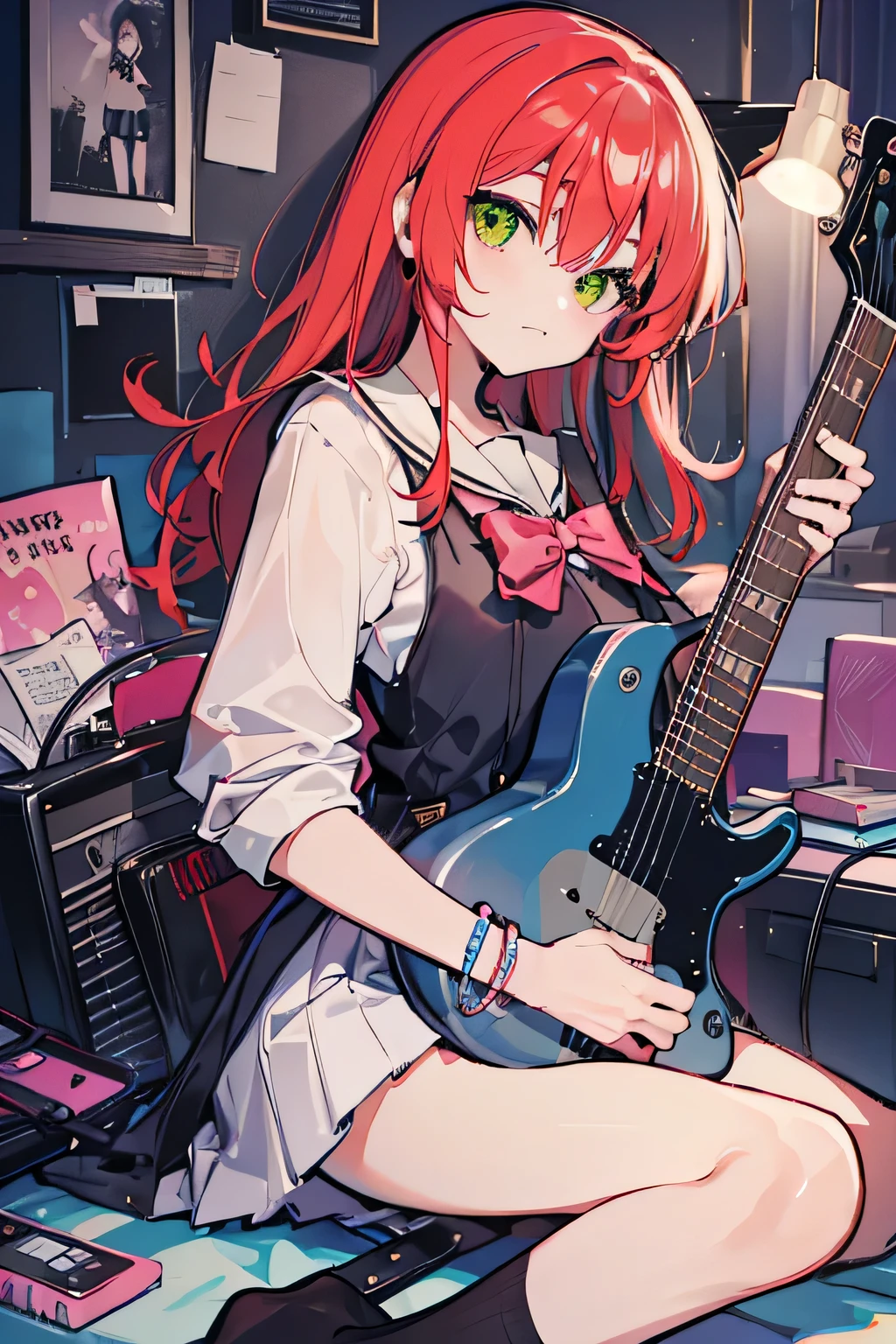 High resolution, highest quality, 超High resolution、beautiful eyes、long hair, redhead, green eyes, looking at the viewer, small breasts、cute anime illustration、perfect lighting、perfect anatomy、perfect fingers、perfect arms、perfect legs、school uniform、guitarshop、choose a guitar