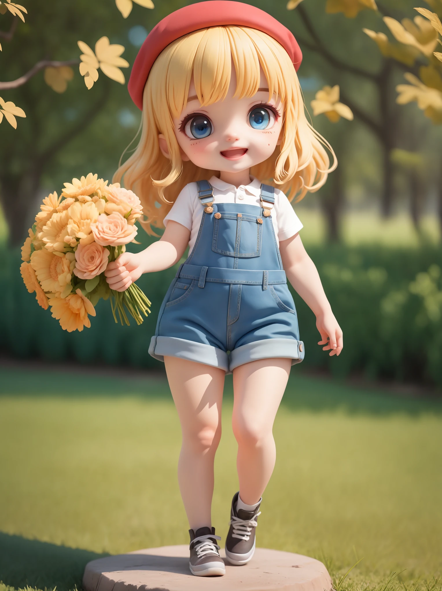 (masterpiece),(highest quality),(super detailed), (whole body:1.2),1 girl,Little,cute, smile, open your mouth,blush,BREAK(Blonde bob hair),blue eyes,BREAK(standing pose),(holding a large bouquet in hand),BREAK(red beret),(Red polo shirt),BREAK(Denim overalls),BREAK(field,Beautiful park,daytime),(beautiful detailed face), (beautiful and fine eyes),blurry